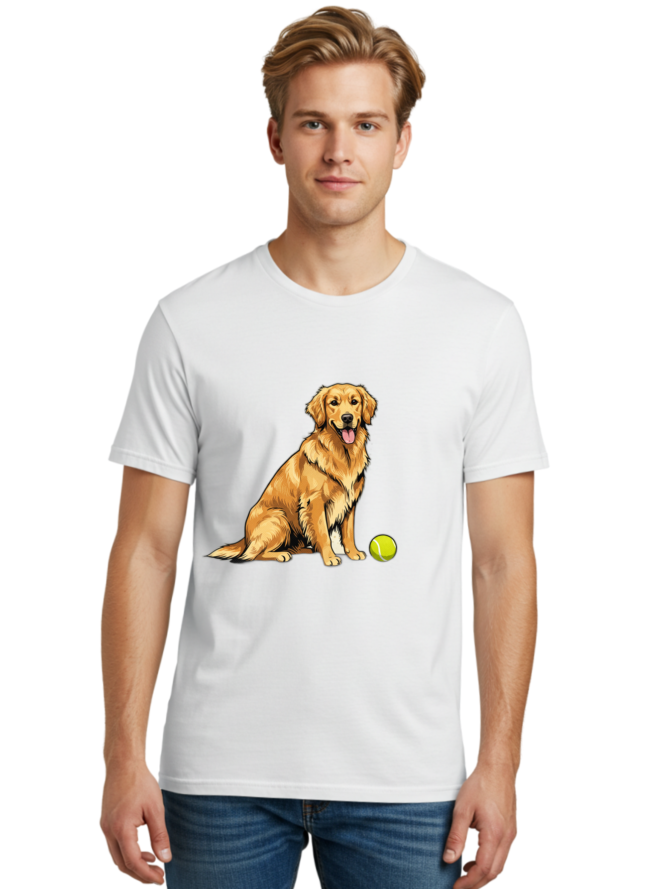 Golden-Retriever-7 Men'S Graphic Tee, 100% Cotton, Comfortable Casual Summer Wear, Machine Washable, Golden Retriever Dog, Tennis Ball, Sitting Dog, Happy Dog, Dog Sports, Canine Companion, Furry Friend, Playful Mood, Dog Illustration, Bab981 27
