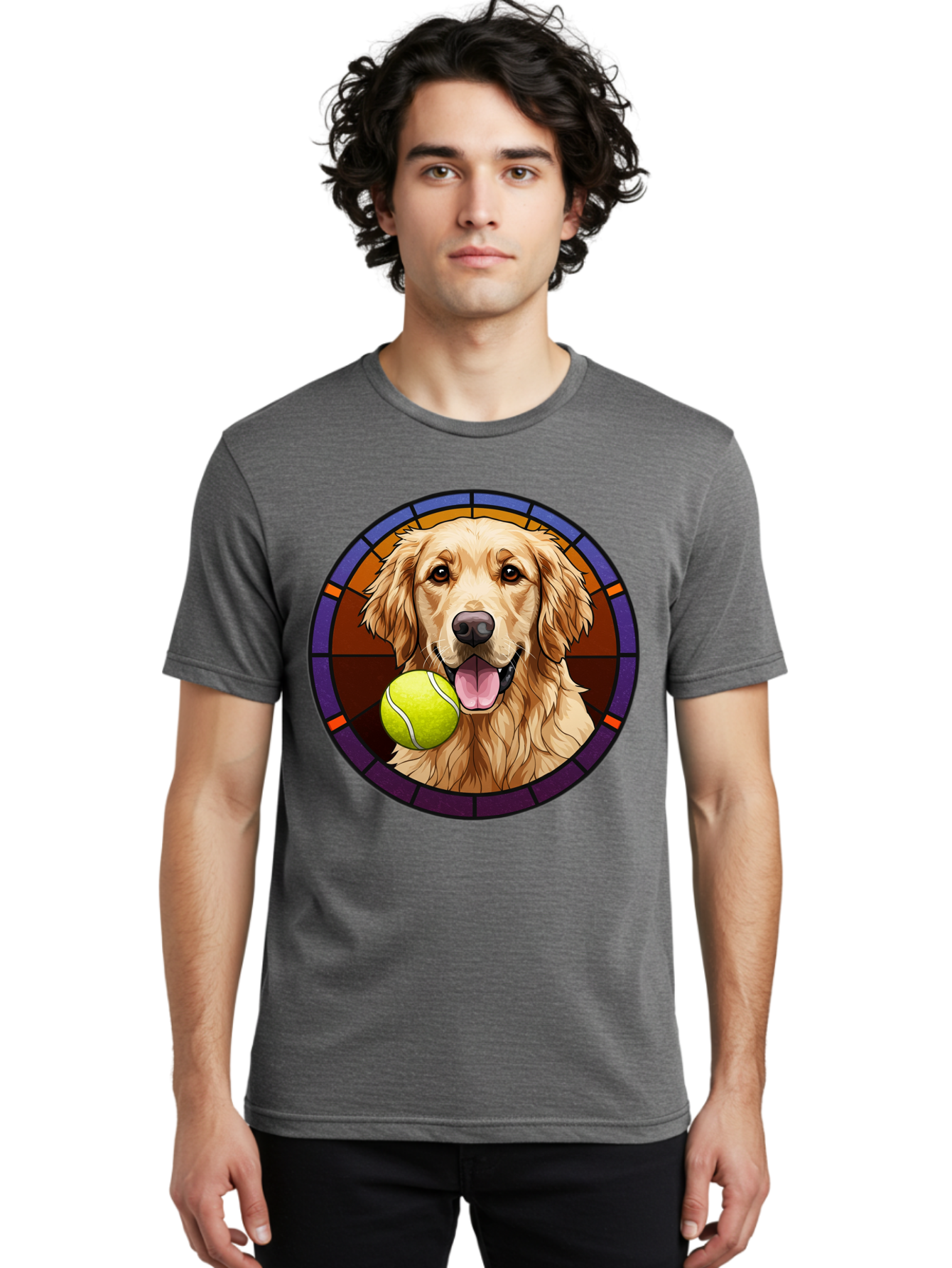 Golden-Retriever-Tennis-Ball-1 Men'S Graphic Tee, 100% Cotton, Comfortable Casual Summer Wear, Machine Washable, Golden Retriever, Tennis Ball, Stained Glass Art, Playful Dog, Fetching Fun, Happy Pet, Dog Lover, Cute Canine Bab997 27