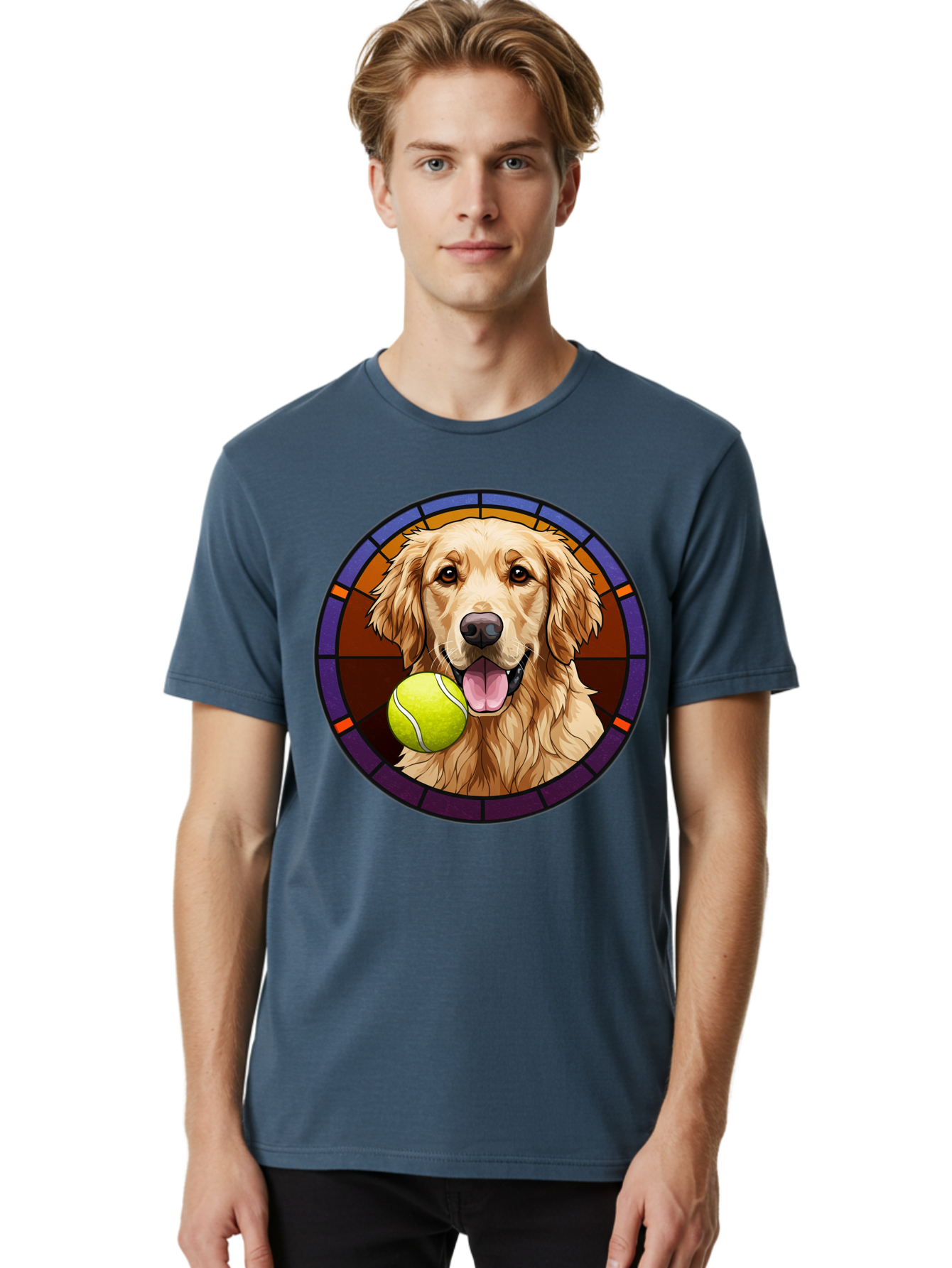 Golden-Retriever-Tennis-Ball-1 Men'S Graphic Tee, 100% Cotton, Comfortable Casual Summer Wear, Machine Washable, Golden Retriever, Tennis Ball, Stained Glass Art, Playful Dog, Fetching Fun, Happy Pet, Dog Lover, Cute Canine Bab997 19