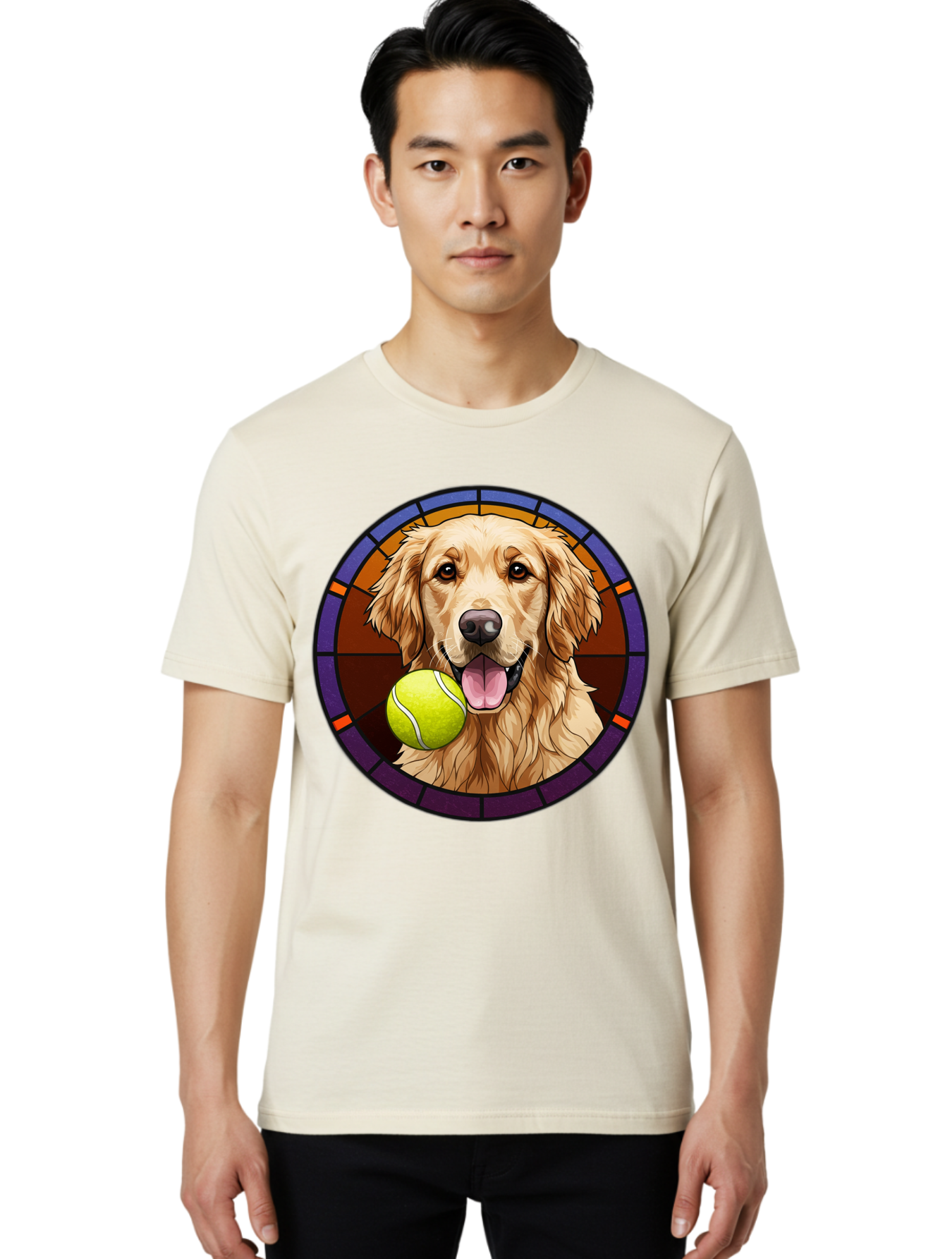 Golden-Retriever-Tennis-Ball-1 Men'S Graphic Tee, 100% Cotton, Comfortable Casual Summer Wear, Machine Washable, Golden Retriever, Tennis Ball, Stained Glass Art, Playful Dog, Fetching Fun, Happy Pet, Dog Lover, Cute Canine Bab997 26