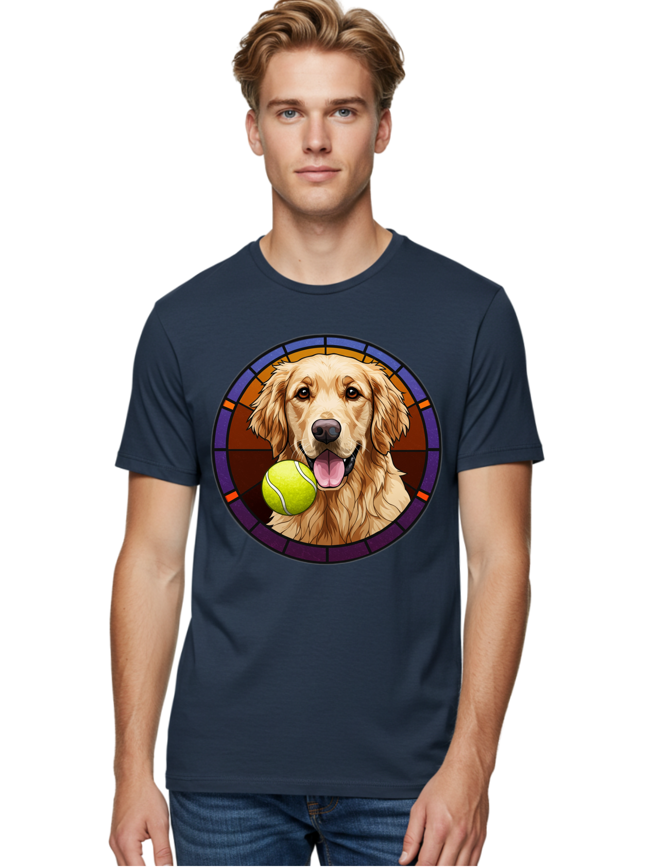 Golden-Retriever-Tennis-Ball-1 Men'S Graphic Tee, 100% Cotton, Comfortable Casual Summer Wear, Machine Washable, Golden Retriever, Tennis Ball, Stained Glass Art, Playful Dog, Fetching Fun, Happy Pet, Dog Lover, Cute Canine Bab997 29