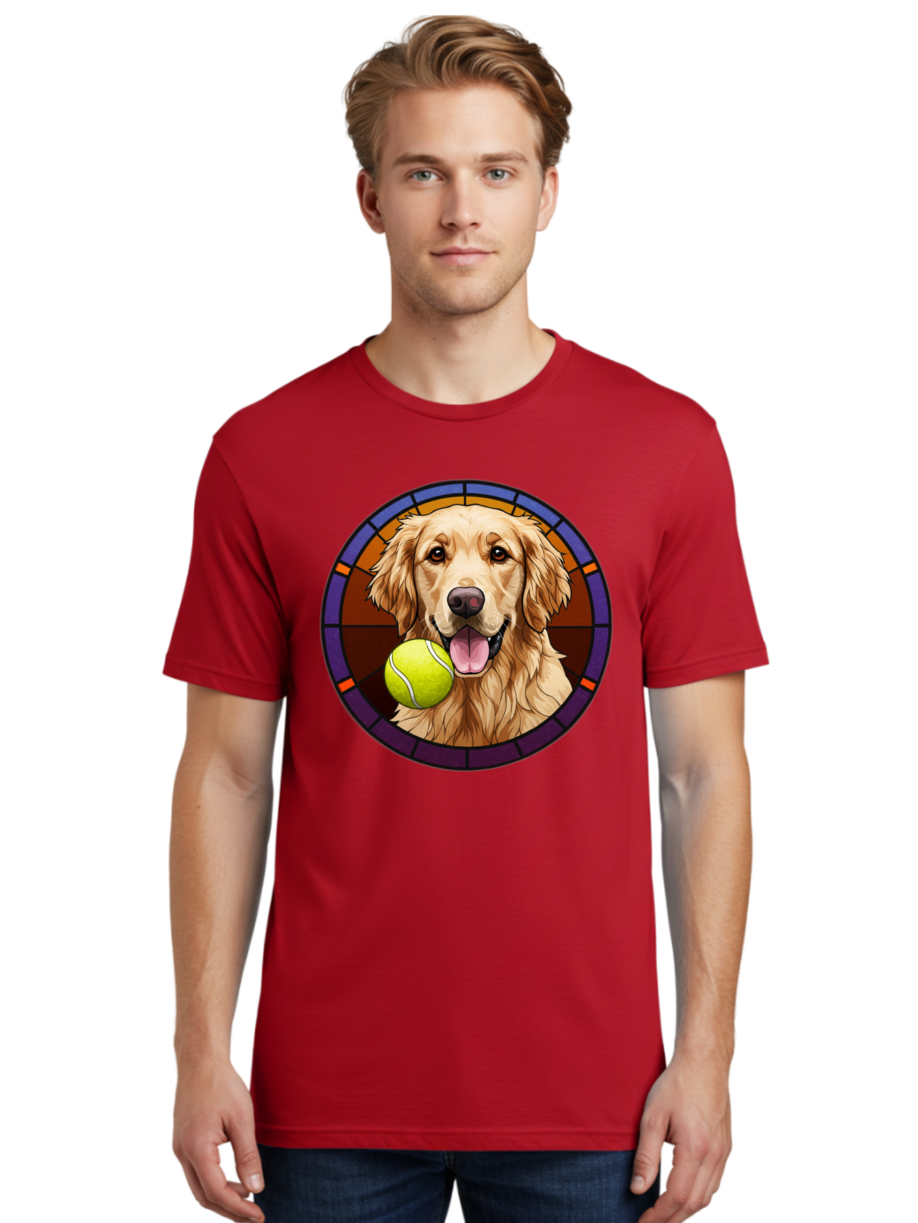 Golden-Retriever-Tennis-Ball-1 Men'S Graphic Tee, 100% Cotton, Comfortable Casual Summer Wear, Machine Washable, Golden Retriever, Tennis Ball, Stained Glass Art, Playful Dog, Fetching Fun, Happy Pet, Dog Lover, Cute Canine Bab997 30