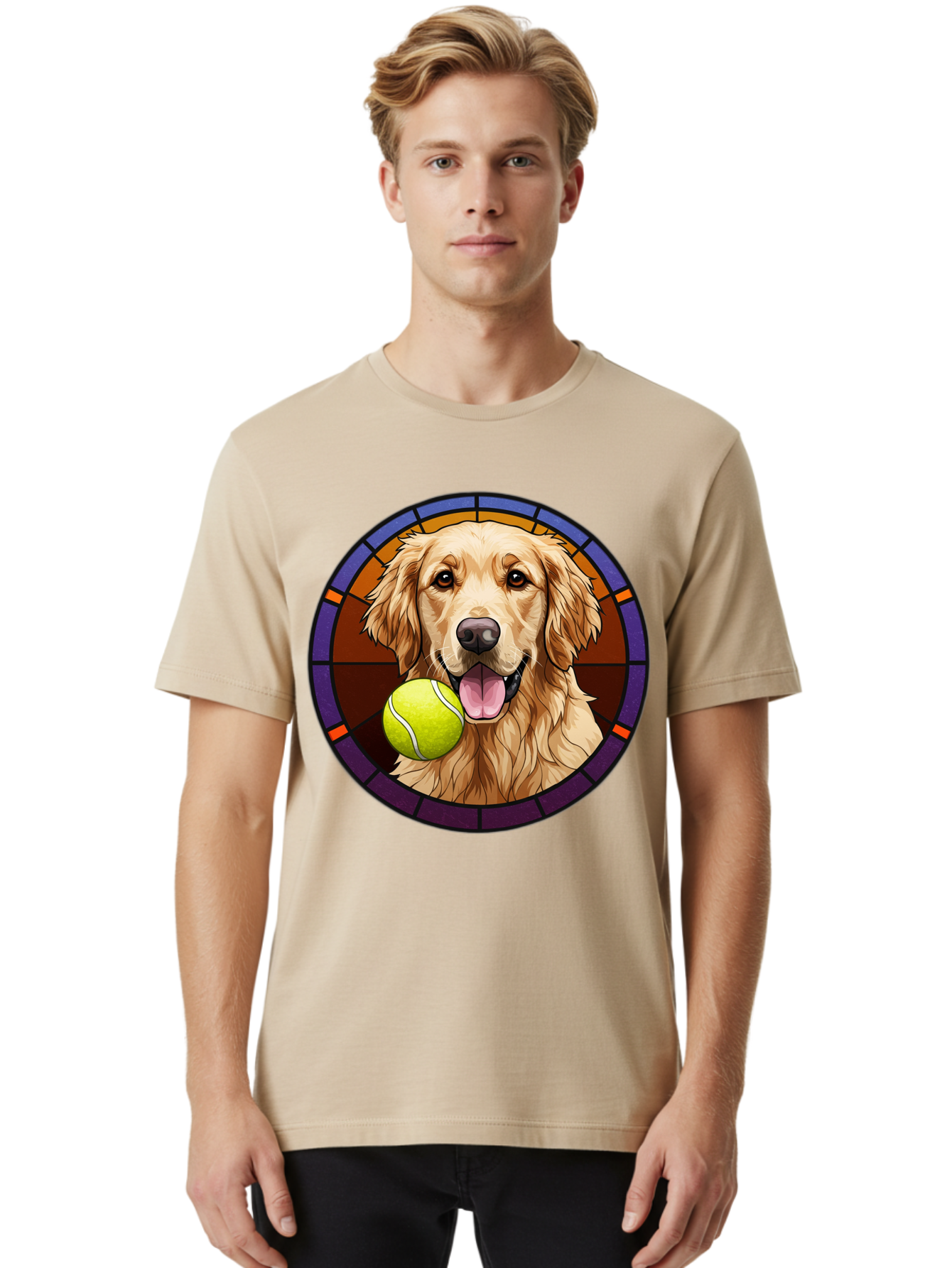 Golden-Retriever-Tennis-Ball-1 Men'S Graphic Tee, 100% Cotton, Comfortable Casual Summer Wear, Machine Washable, Golden Retriever, Tennis Ball, Stained Glass Art, Playful Dog, Fetching Fun, Happy Pet, Dog Lover, Cute Canine Bab997 21