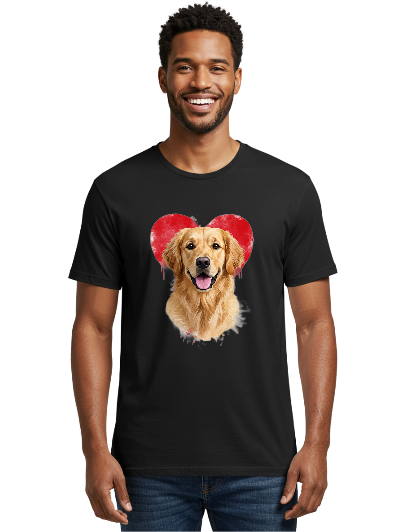 Golden-Retriever-With-Heart Men'S Graphic Tee, 100% Cotton, Comfortable Casual Summer Wear, Machine Washable, Golden Retriever, Dog Love, Red Heart, Dripping Paint, Cute Canine, Furry Friend, Heartwarming Moment, Loyal Companion, Happy Dog, Bac003 25