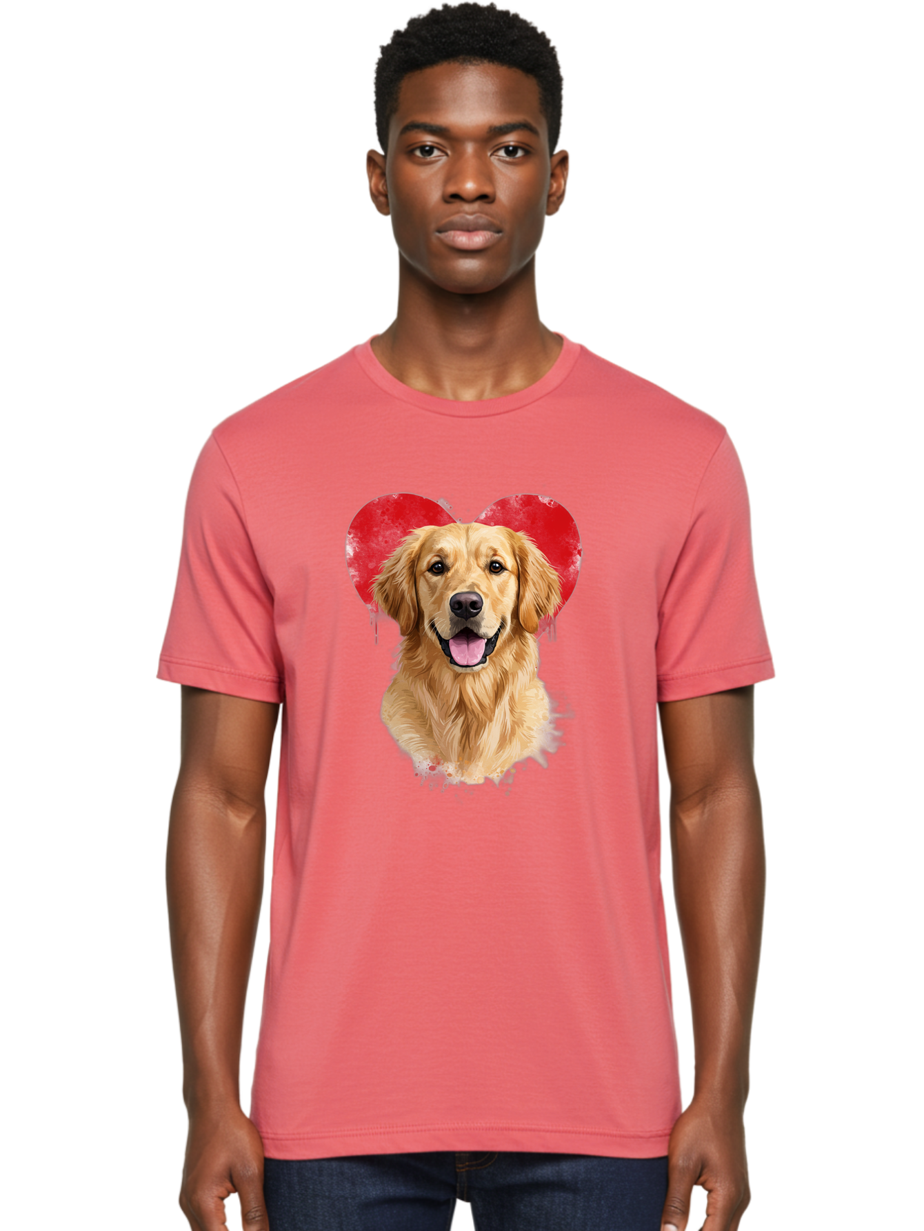Golden-Retriever-With-Heart Men'S Graphic Tee, 100% Cotton, Comfortable Casual Summer Wear, Machine Washable, Golden Retriever, Dog Love, Red Heart, Dripping Paint, Cute Canine, Furry Friend, Heartwarming Moment, Loyal Companion, Happy Dog, Bac003 16