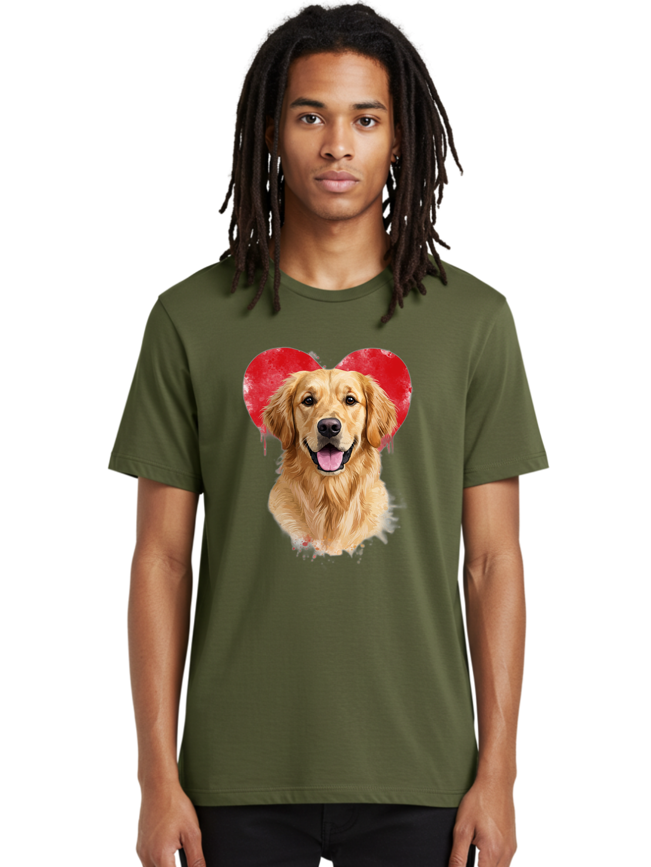 Golden-Retriever-With-Heart Men'S Graphic Tee, 100% Cotton, Comfortable Casual Summer Wear, Machine Washable, Golden Retriever, Dog Love, Red Heart, Dripping Paint, Cute Canine, Furry Friend, Heartwarming Moment, Loyal Companion, Happy Dog, Bac003 29