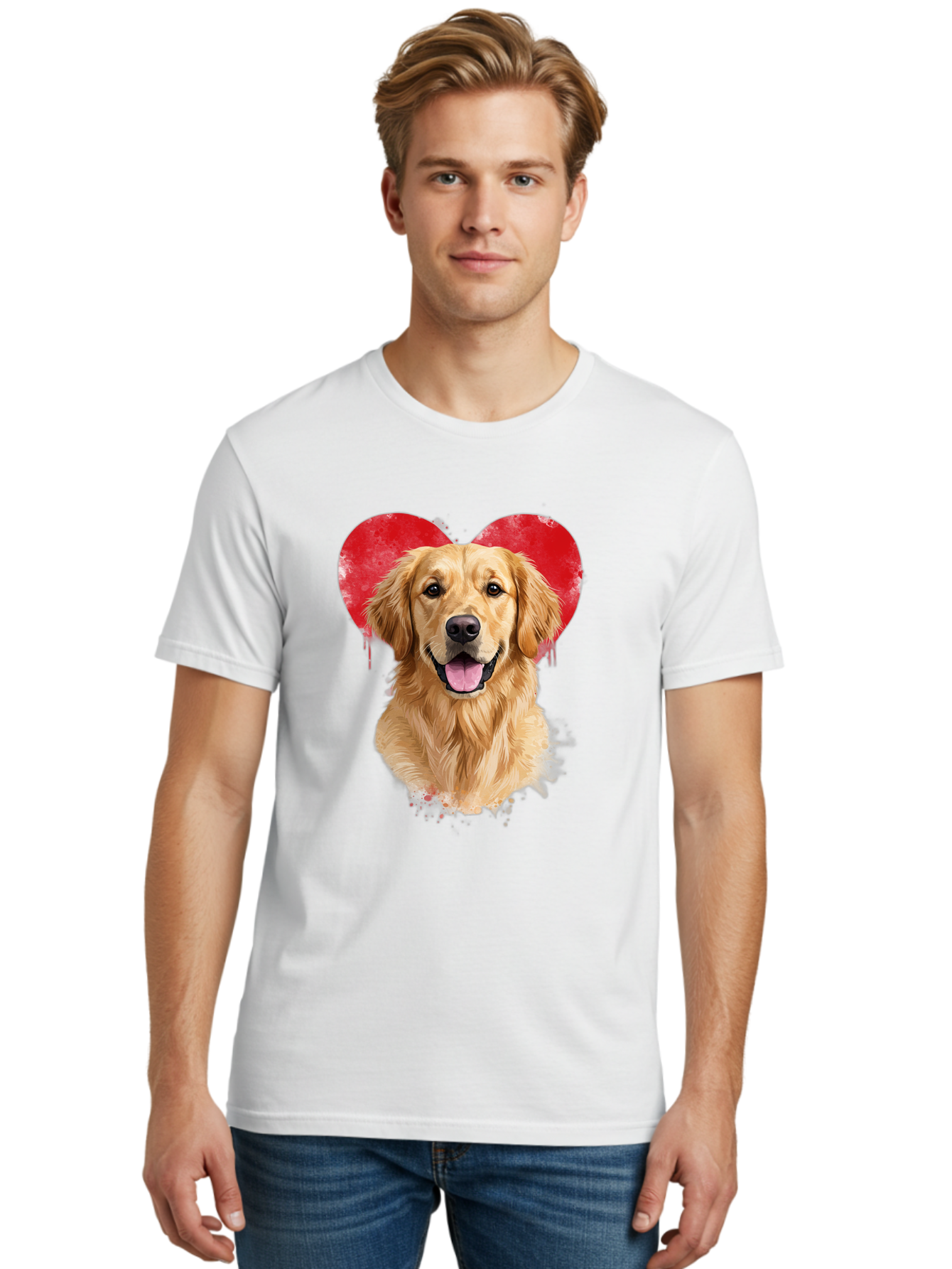 Golden-Retriever-With-Heart Men'S Graphic Tee, 100% Cotton, Comfortable Casual Summer Wear, Machine Washable, Golden Retriever, Dog Love, Red Heart, Dripping Paint, Cute Canine, Furry Friend, Heartwarming Moment, Loyal Companion, Happy Dog, Bac003 28
