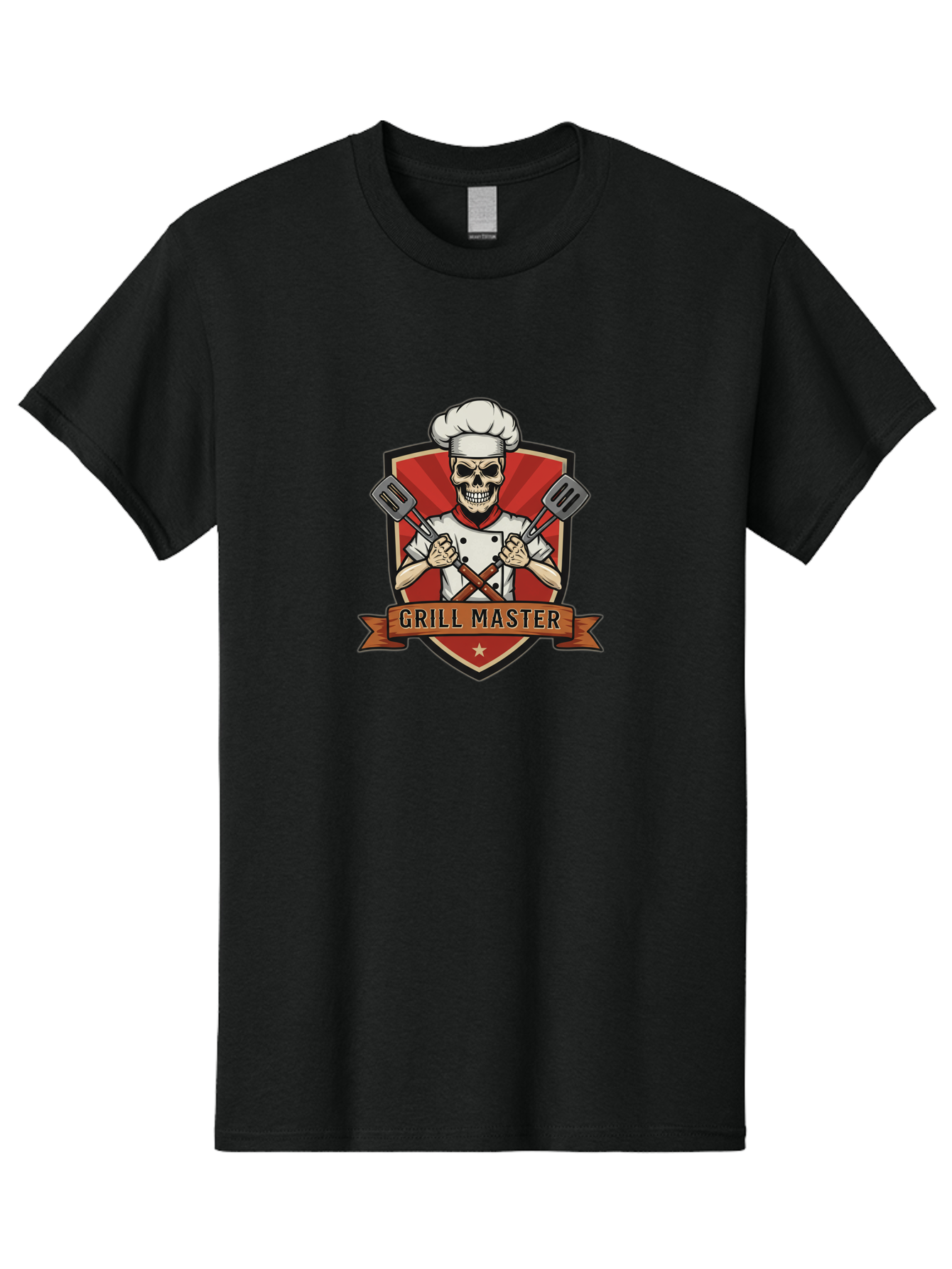 Grill-Master-1 Men'S Graphic Tee, 100% Cotton, Comfortable Casual Summer Wear, Machine Washable, Skull Chef, Grill Master Logo, Chef Hat, Crossed Spatulas, Red Shield, Cooking Theme, Kitchen Design, Chef Uniform, Skeleton Chef Bac010 8