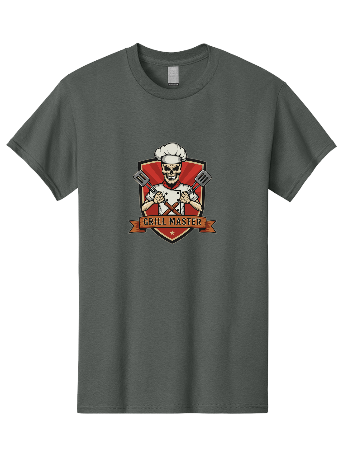 Grill-Master-1 Men'S Graphic Tee, 100% Cotton, Comfortable Casual Summer Wear, Machine Washable, Skull Chef, Grill Master Logo, Chef Hat, Crossed Spatulas, Red Shield, Cooking Theme, Kitchen Design, Chef Uniform, Skeleton Chef Bac010 5