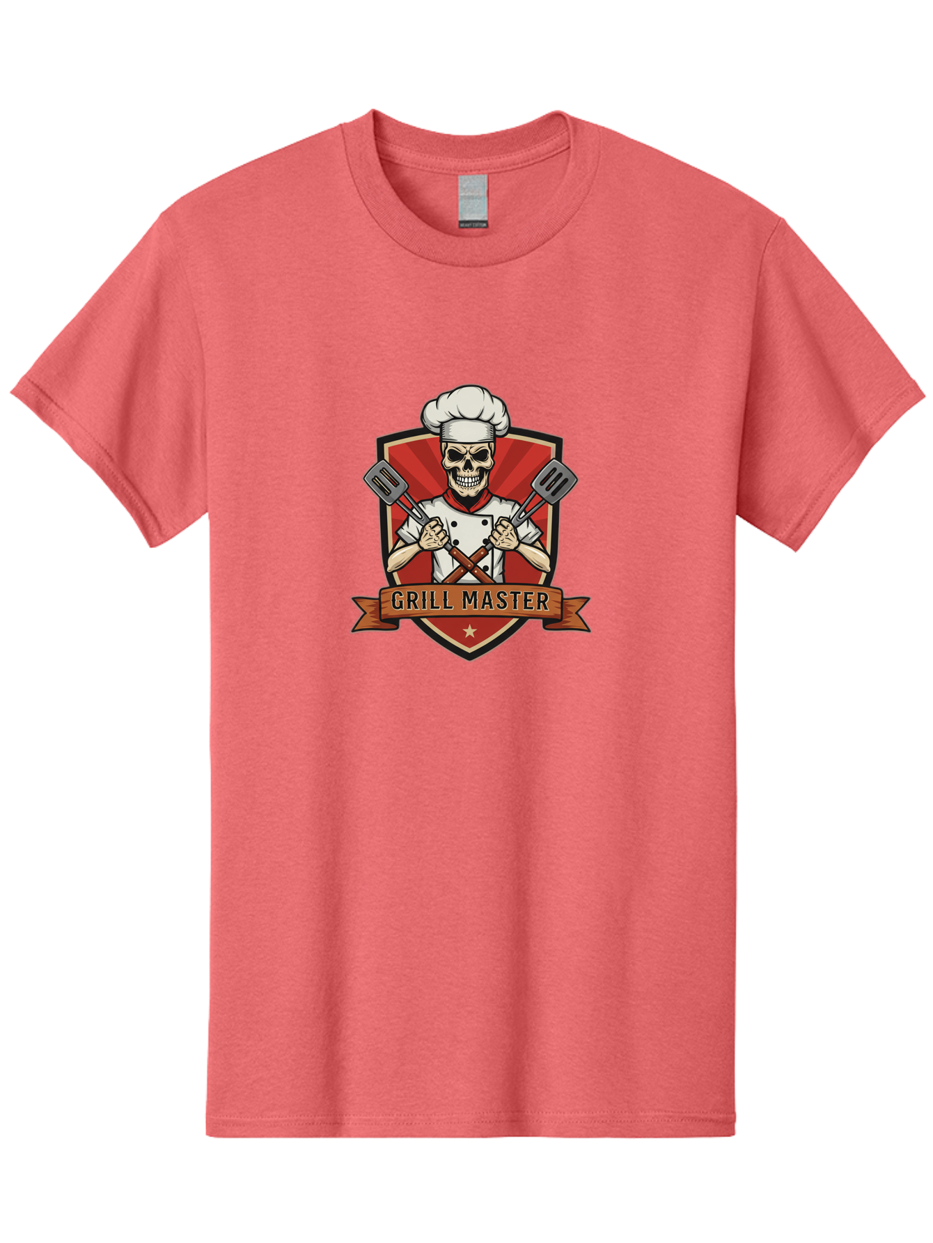 Grill-Master-1 Men'S Graphic Tee, 100% Cotton, Comfortable Casual Summer Wear, Machine Washable, Skull Chef, Grill Master Logo, Chef Hat, Crossed Spatulas, Red Shield, Cooking Theme, Kitchen Design, Chef Uniform, Skeleton Chef Bac010 15