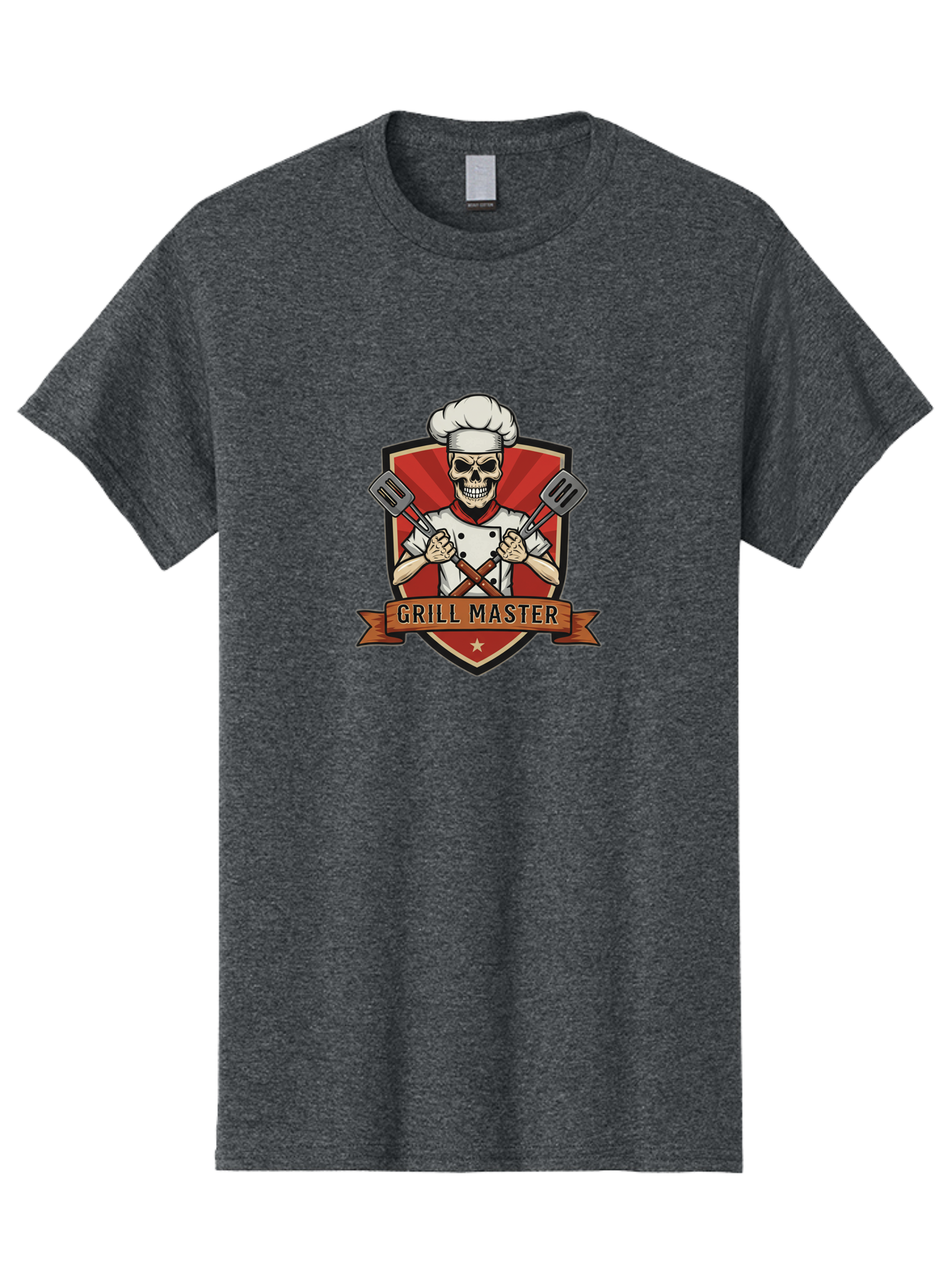 Grill-Master-1 Men'S Graphic Tee, 100% Cotton, Comfortable Casual Summer Wear, Machine Washable, Skull Chef, Grill Master Logo, Chef Hat, Crossed Spatulas, Red Shield, Cooking Theme, Kitchen Design, Chef Uniform, Skeleton Chef Bac010 13