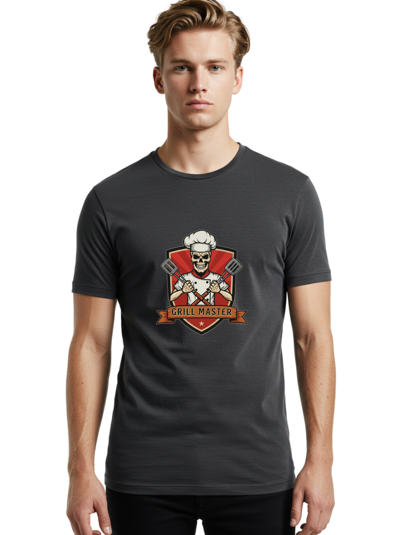 Grill-Master-1 Men'S Graphic Tee, 100% Cotton, Comfortable Casual Summer Wear, Machine Washable, Skull Chef, Grill Master Logo, Chef Hat, Crossed Spatulas, Red Shield, Cooking Theme, Kitchen Design, Chef Uniform, Skeleton Chef Bac010 28