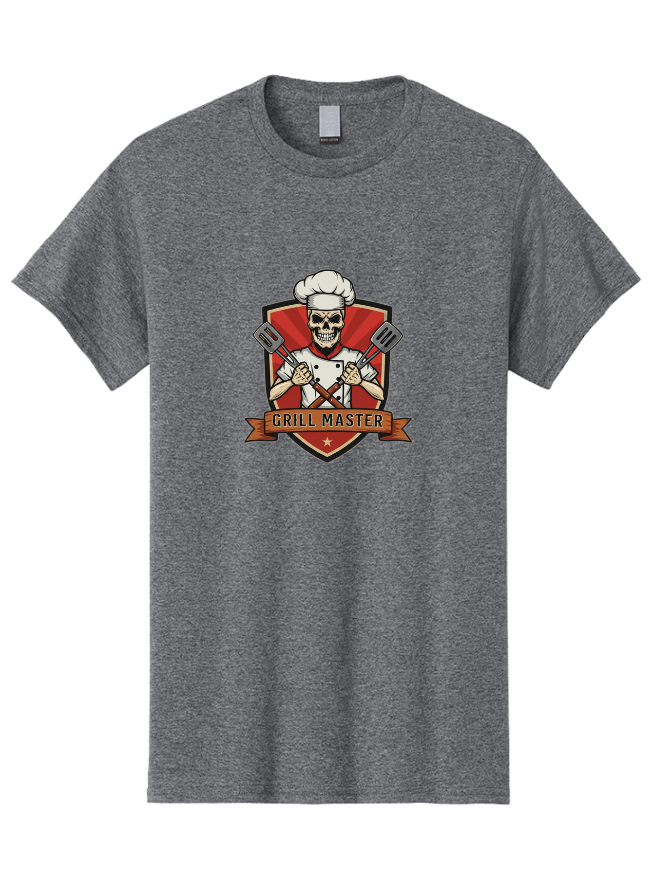 Grill-Master-1 Men'S Graphic Tee, 100% Cotton, Comfortable Casual Summer Wear, Machine Washable, Skull Chef, Grill Master Logo, Chef Hat, Crossed Spatulas, Red Shield, Cooking Theme, Kitchen Design, Chef Uniform, Skeleton Chef Bac010 2