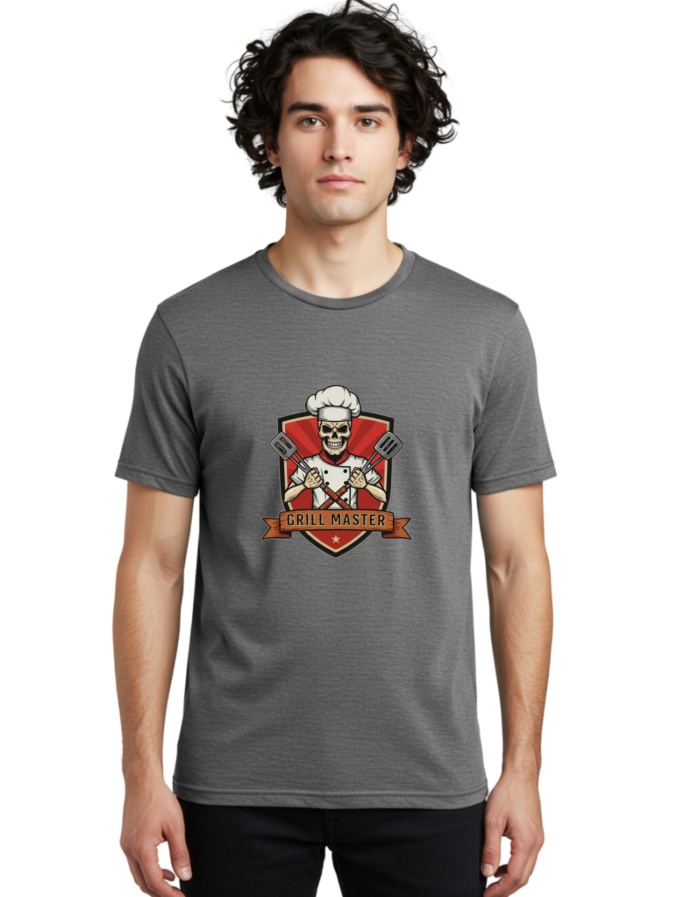Grill-Master-1 Men'S Graphic Tee, 100% Cotton, Comfortable Casual Summer Wear, Machine Washable, Skull Chef, Grill Master Logo, Chef Hat, Crossed Spatulas, Red Shield, Cooking Theme, Kitchen Design, Chef Uniform, Skeleton Chef Bac010 17