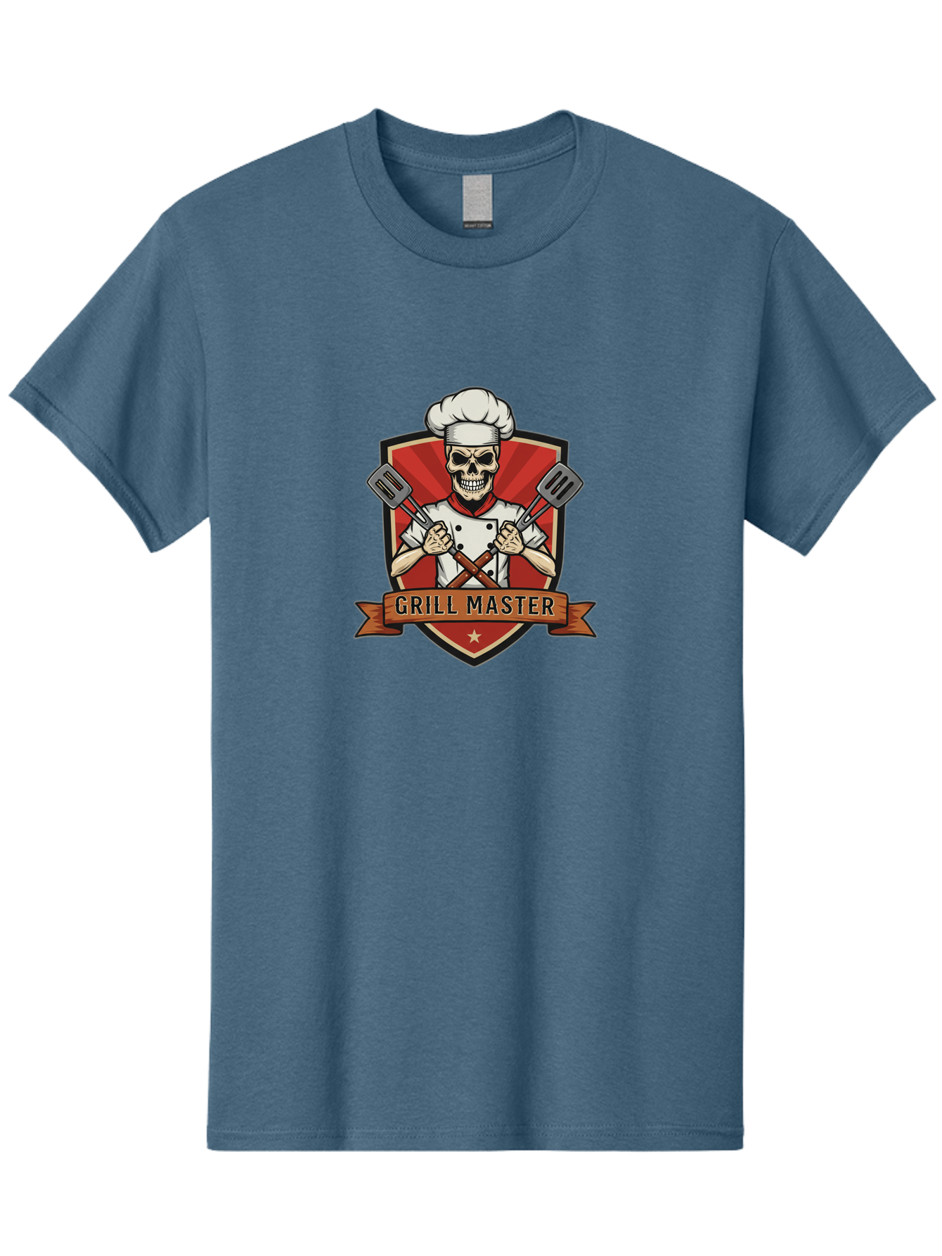 Grill-Master-1 Men'S Graphic Tee, 100% Cotton, Comfortable Casual Summer Wear, Machine Washable, Skull Chef, Grill Master Logo, Chef Hat, Crossed Spatulas, Red Shield, Cooking Theme, Kitchen Design, Chef Uniform, Skeleton Chef Bac010 14