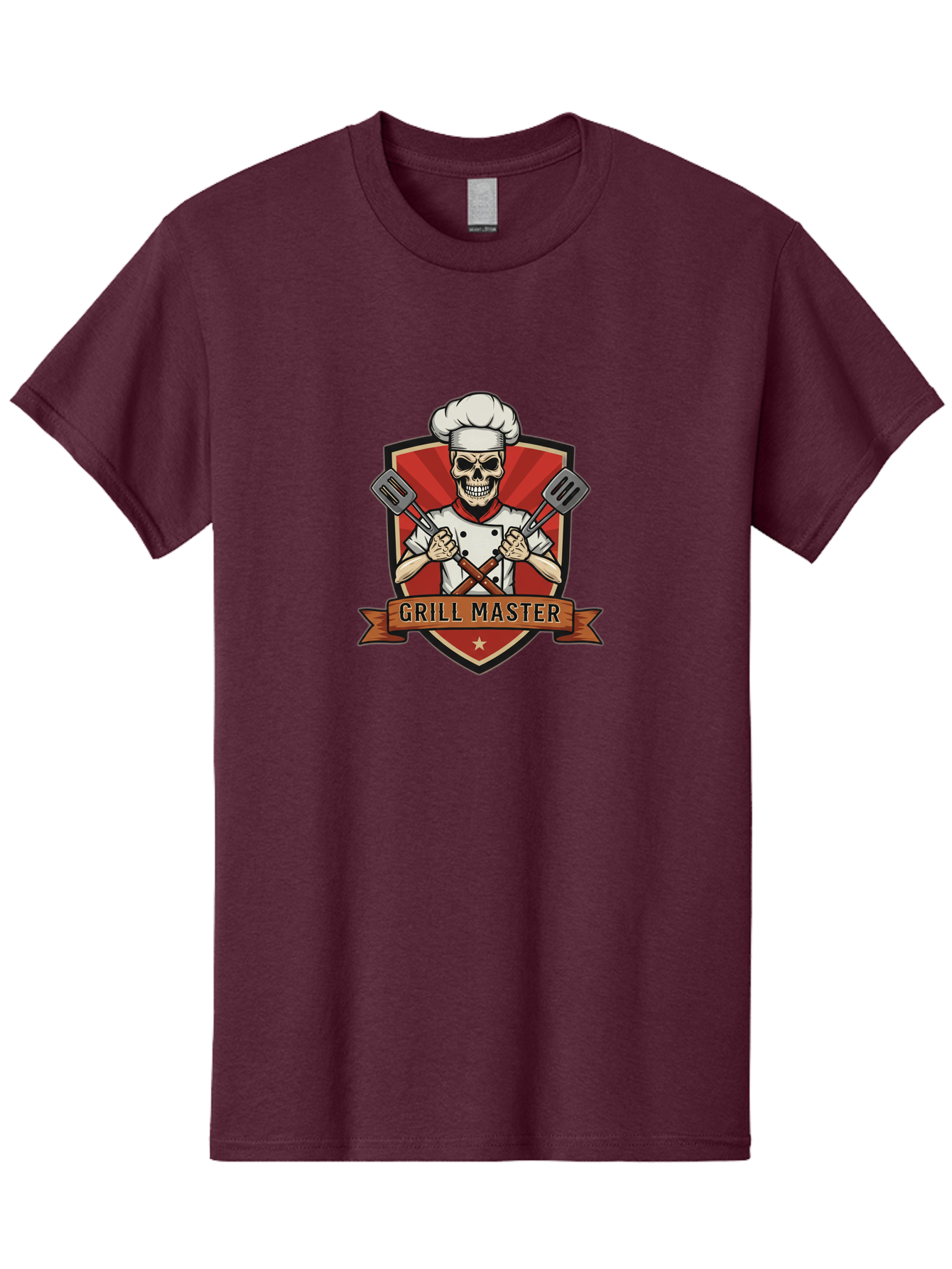 Grill-Master-1 Men'S Graphic Tee, 100% Cotton, Comfortable Casual Summer Wear, Machine Washable, Skull Chef, Grill Master Logo, Chef Hat, Crossed Spatulas, Red Shield, Cooking Theme, Kitchen Design, Chef Uniform, Skeleton Chef Bac010 11