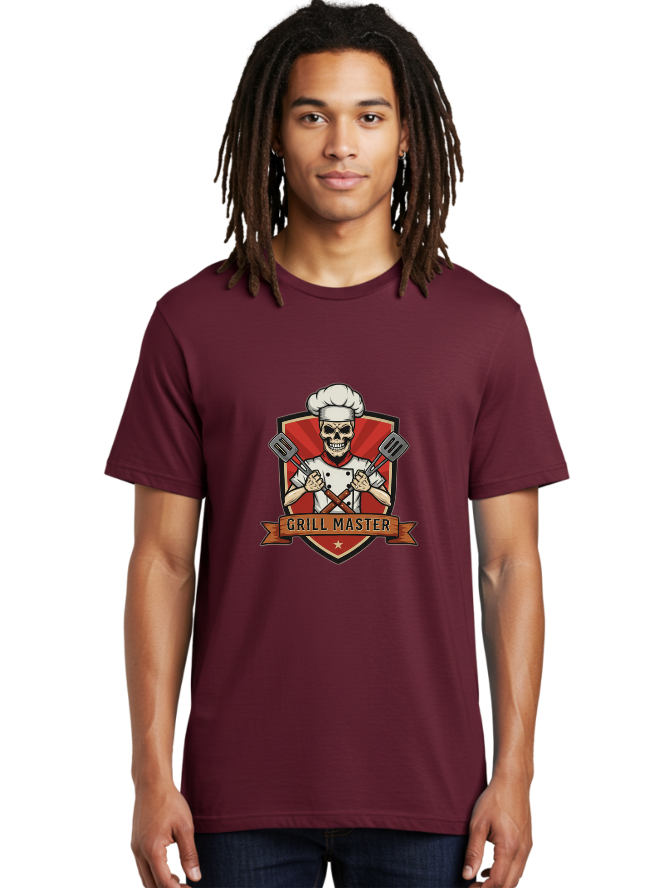 Grill-Master-1 Men'S Graphic Tee, 100% Cotton, Comfortable Casual Summer Wear, Machine Washable, Skull Chef, Grill Master Logo, Chef Hat, Crossed Spatulas, Red Shield, Cooking Theme, Kitchen Design, Chef Uniform, Skeleton Chef Bac010 26