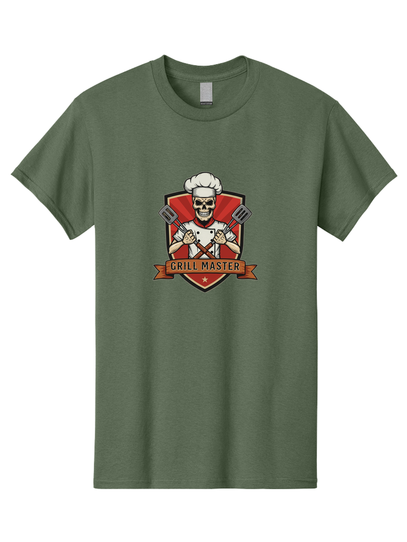 Grill-Master-1 Men'S Graphic Tee, 100% Cotton, Comfortable Casual Summer Wear, Machine Washable, Skull Chef, Grill Master Logo, Chef Hat, Crossed Spatulas, Red Shield, Cooking Theme, Kitchen Design, Chef Uniform, Skeleton Chef Bac010 6