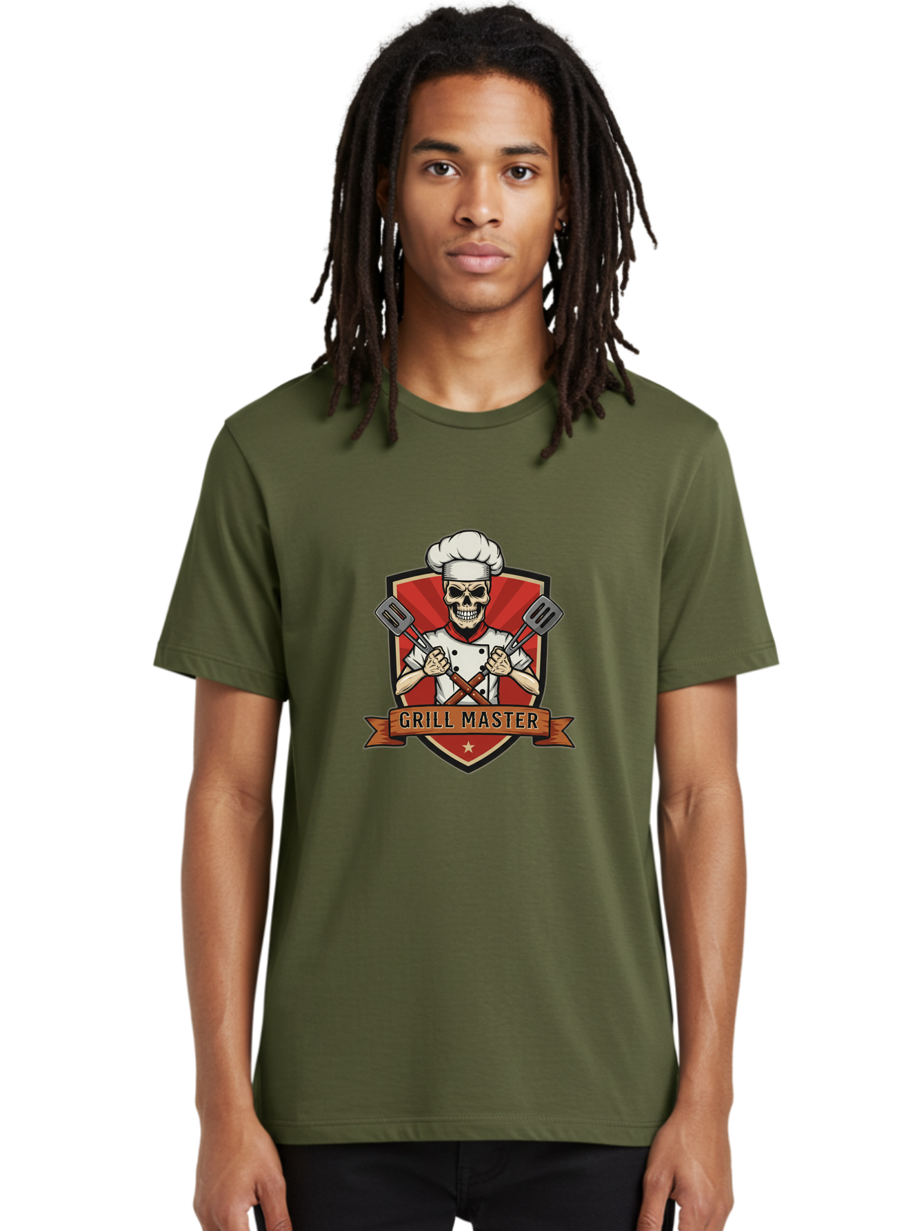 Grill-Master-1 Men'S Graphic Tee, 100% Cotton, Comfortable Casual Summer Wear, Machine Washable, Skull Chef, Grill Master Logo, Chef Hat, Crossed Spatulas, Red Shield, Cooking Theme, Kitchen Design, Chef Uniform, Skeleton Chef Bac010 21