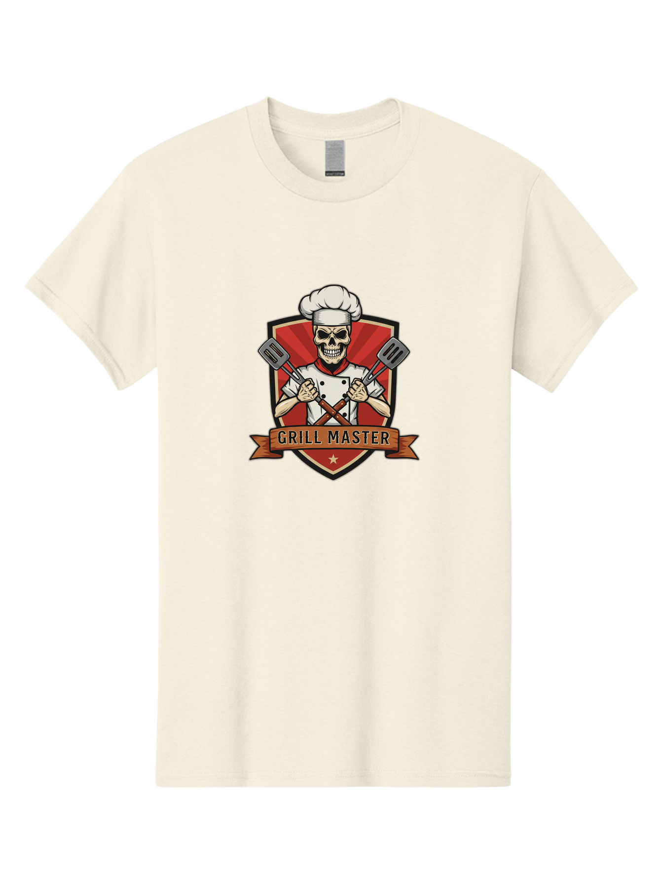 Grill-Master-1 Men'S Graphic Tee, 100% Cotton, Comfortable Casual Summer Wear, Machine Washable, Skull Chef, Grill Master Logo, Chef Hat, Crossed Spatulas, Red Shield, Cooking Theme, Kitchen Design, Chef Uniform, Skeleton Chef Bac010 4