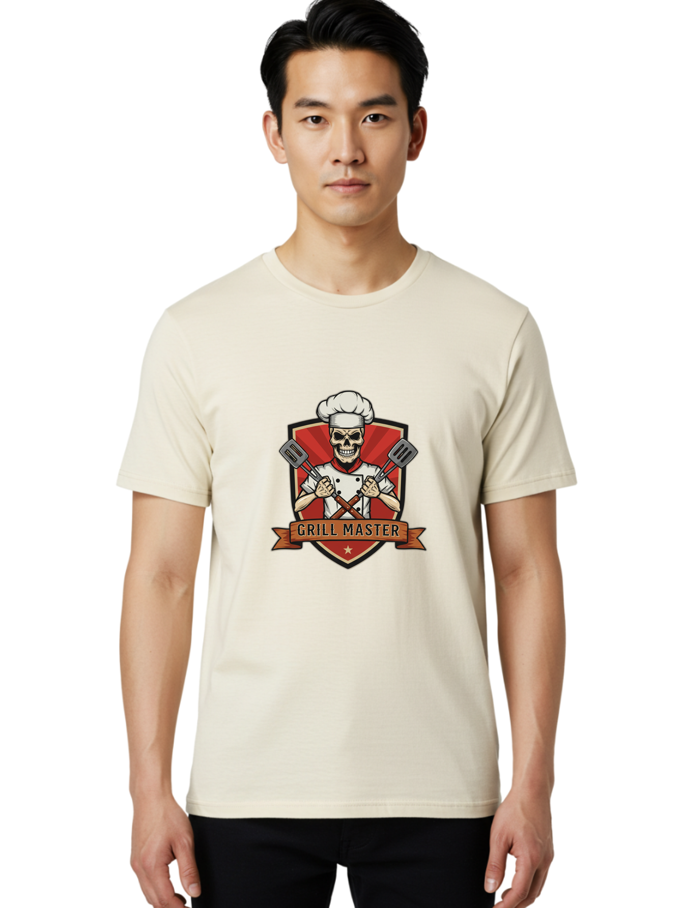 Grill-Master-1 Men'S Graphic Tee, 100% Cotton, Comfortable Casual Summer Wear, Machine Washable, Skull Chef, Grill Master Logo, Chef Hat, Crossed Spatulas, Red Shield, Cooking Theme, Kitchen Design, Chef Uniform, Skeleton Chef Bac010 19