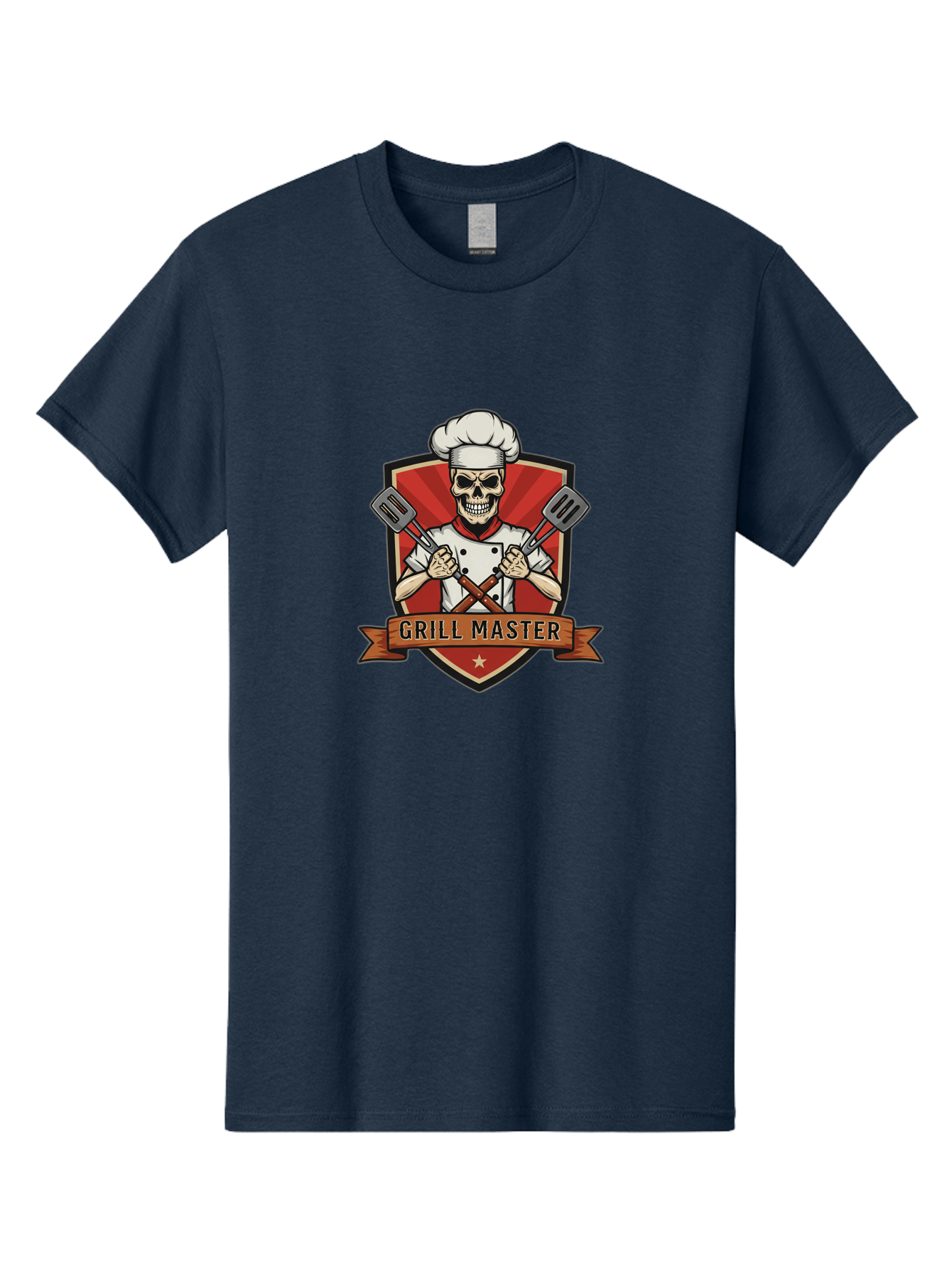 Grill-Master-1 Men'S Graphic Tee, 100% Cotton, Comfortable Casual Summer Wear, Machine Washable, Skull Chef, Grill Master Logo, Chef Hat, Crossed Spatulas, Red Shield, Cooking Theme, Kitchen Design, Chef Uniform, Skeleton Chef Bac010 7
