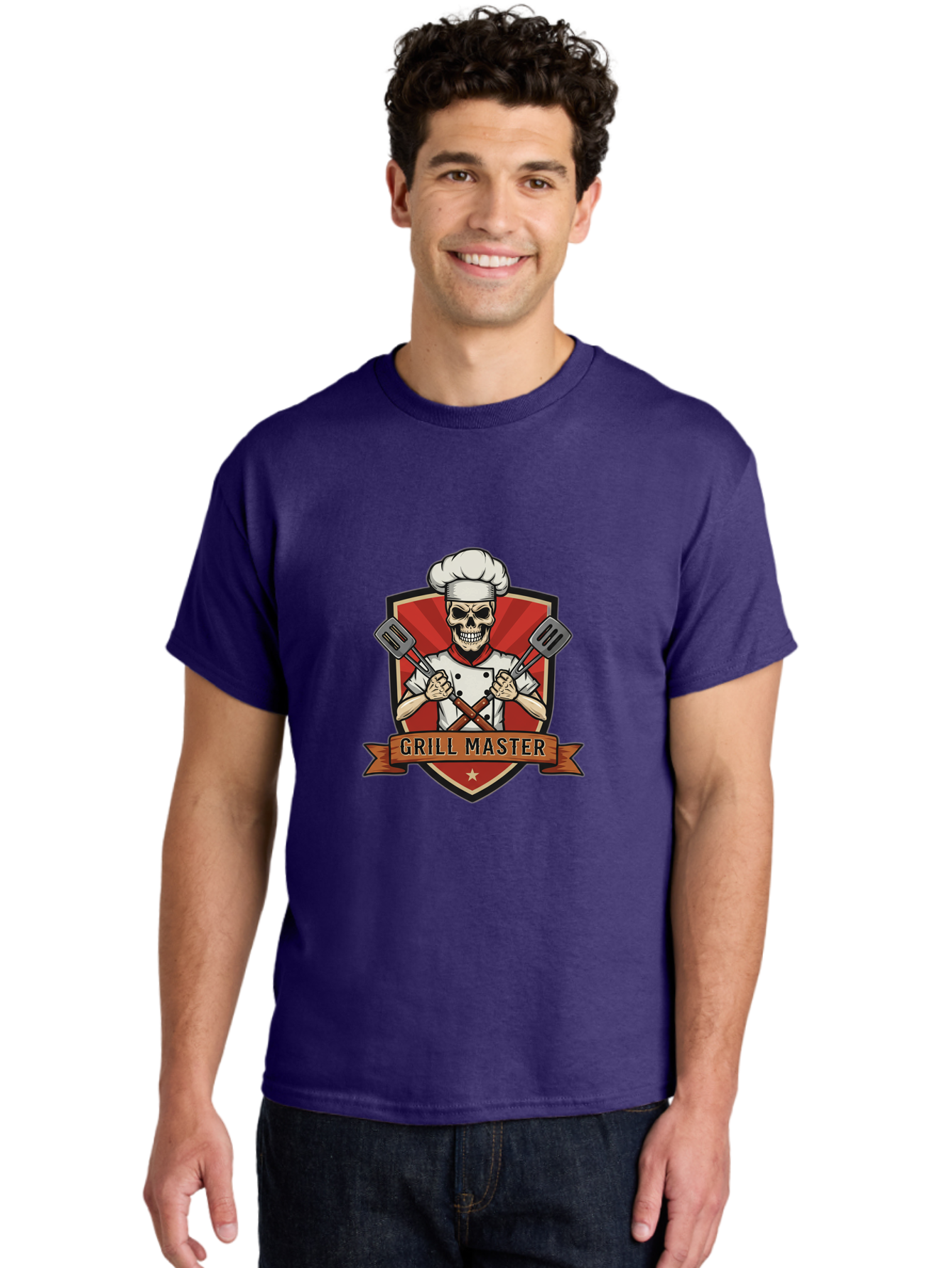Grill-Master-1 Men'S Graphic Tee, 100% Cotton, Comfortable Casual Summer Wear, Machine Washable, Skull Chef, Grill Master Logo, Chef Hat, Crossed Spatulas, Red Shield, Cooking Theme, Kitchen Design, Chef Uniform, Skeleton Chef Bac010 27