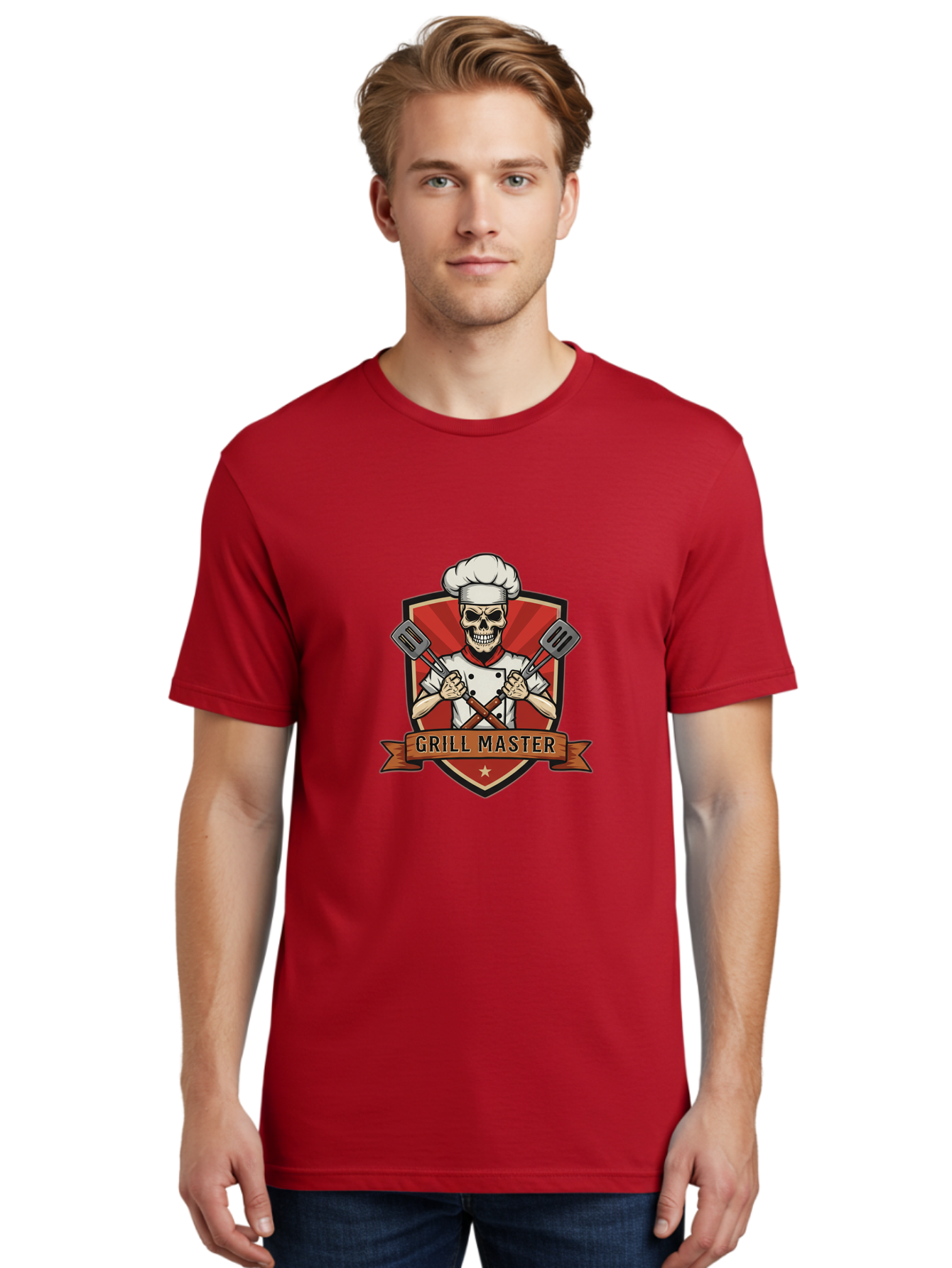 Grill-Master-1 Men'S Graphic Tee, 100% Cotton, Comfortable Casual Summer Wear, Machine Washable, Skull Chef, Grill Master Logo, Chef Hat, Crossed Spatulas, Red Shield, Cooking Theme, Kitchen Design, Chef Uniform, Skeleton Chef Bac010 16