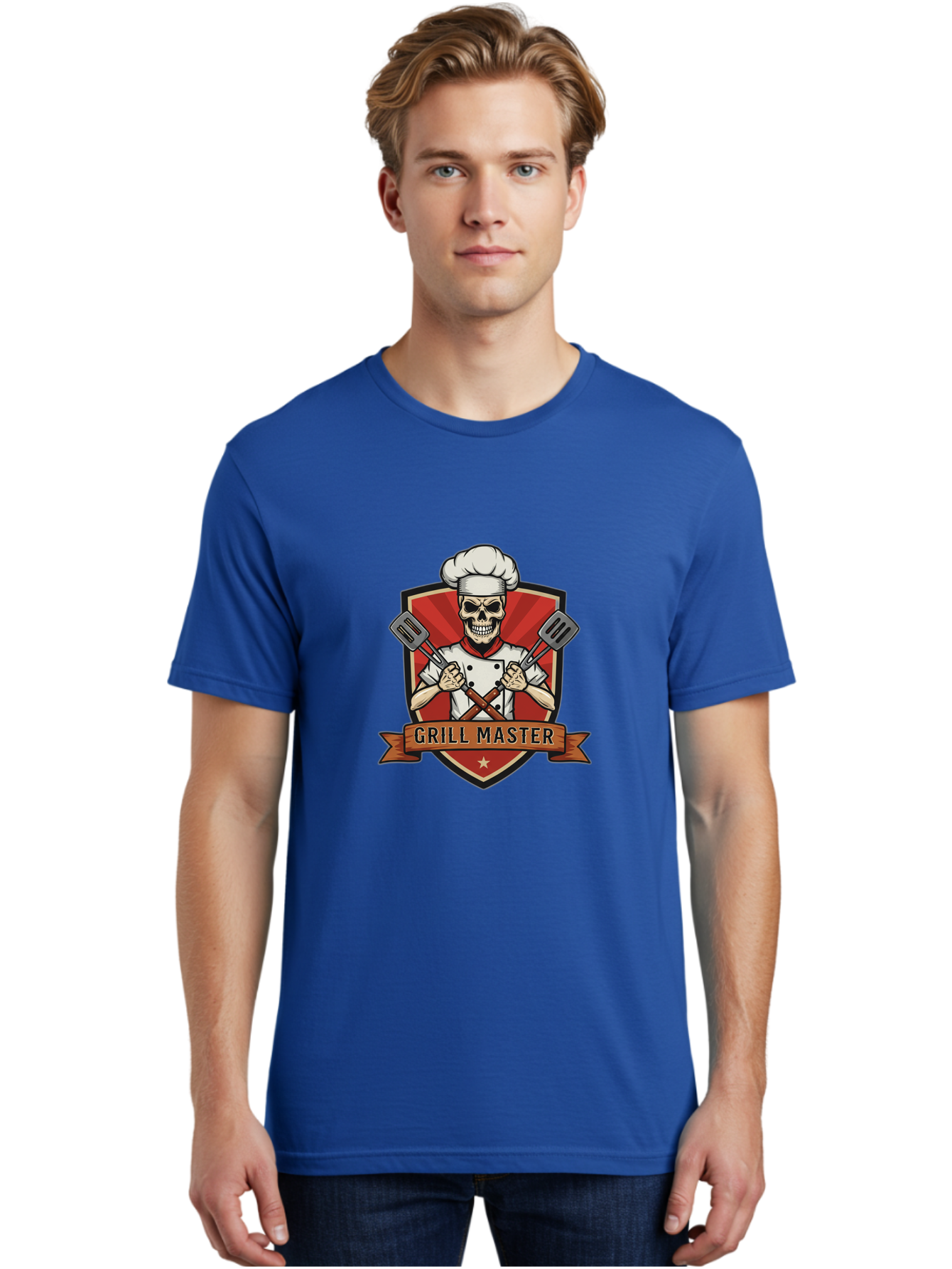 Grill-Master-1 Men'S Graphic Tee, 100% Cotton, Comfortable Casual Summer Wear, Machine Washable, Skull Chef, Grill Master Logo, Chef Hat, Crossed Spatulas, Red Shield, Cooking Theme, Kitchen Design, Chef Uniform, Skeleton Chef Bac010 24