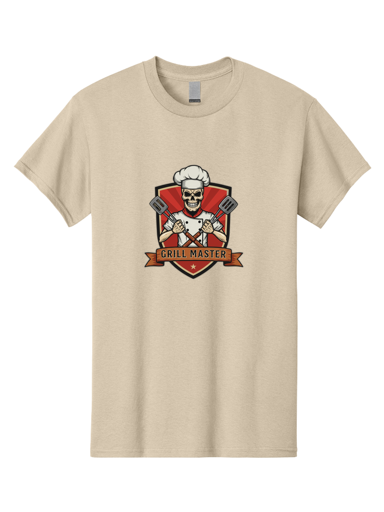 Grill-Master-1 Men'S Graphic Tee, 100% Cotton, Comfortable Casual Summer Wear, Machine Washable, Skull Chef, Grill Master Logo, Chef Hat, Crossed Spatulas, Red Shield, Cooking Theme, Kitchen Design, Chef Uniform, Skeleton Chef Bac010 3