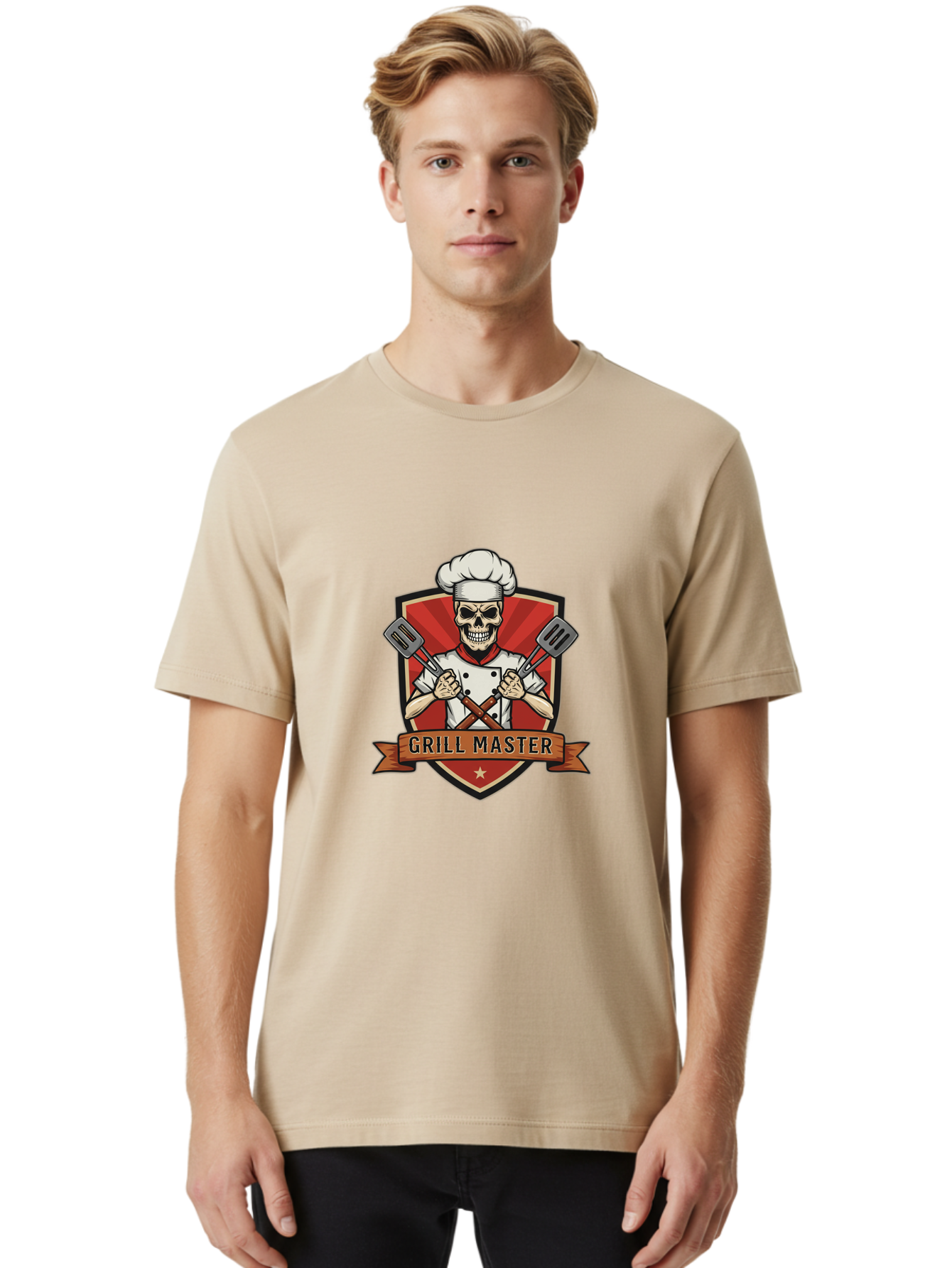Grill-Master-1 Men'S Graphic Tee, 100% Cotton, Comfortable Casual Summer Wear, Machine Washable, Skull Chef, Grill Master Logo, Chef Hat, Crossed Spatulas, Red Shield, Cooking Theme, Kitchen Design, Chef Uniform, Skeleton Chef Bac010 18