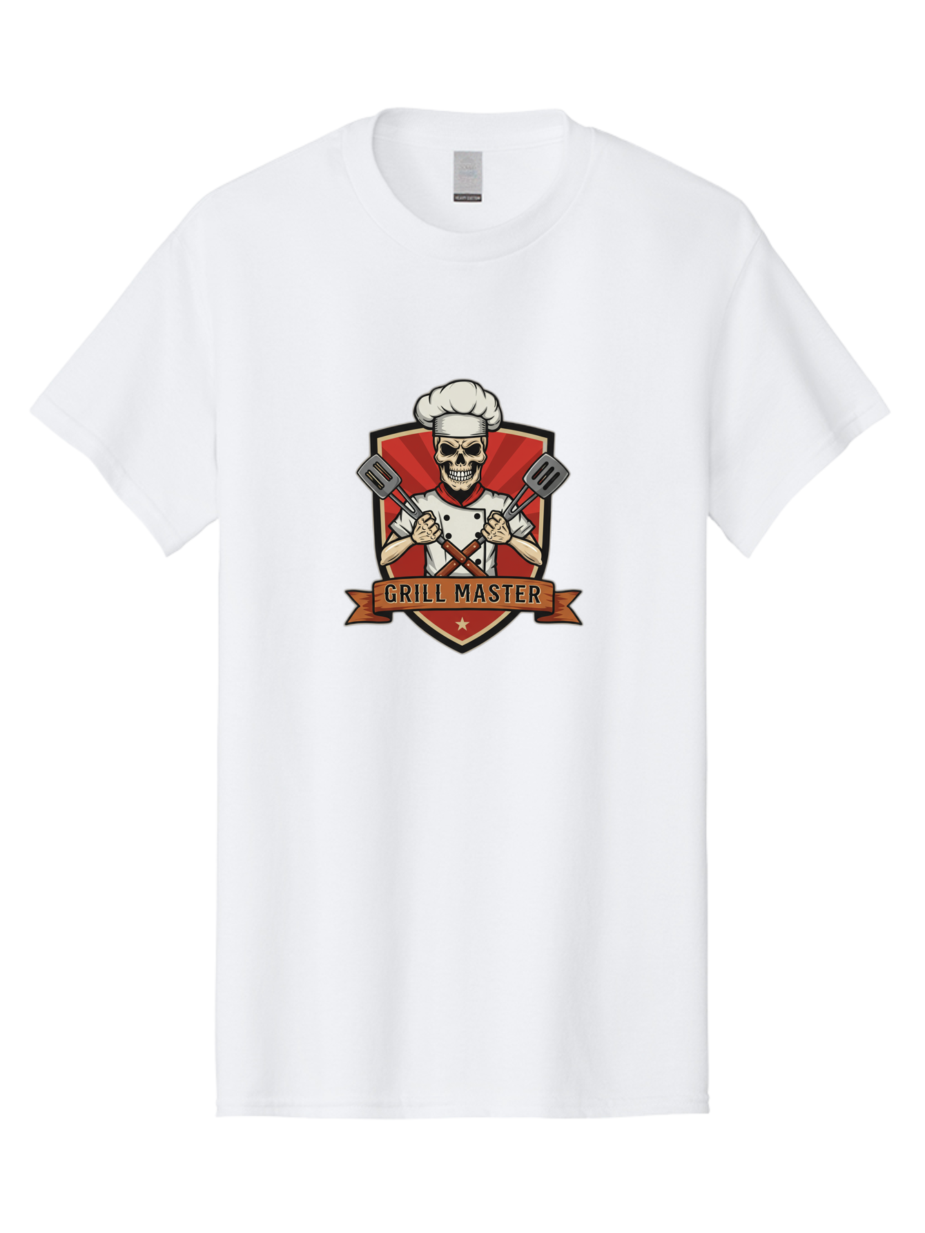 Grill-Master-1 Men'S Graphic Tee, 100% Cotton, Comfortable Casual Summer Wear, Machine Washable, Skull Chef, Grill Master Logo, Chef Hat, Crossed Spatulas, Red Shield, Cooking Theme, Kitchen Design, Chef Uniform, Skeleton Chef Bac010 10