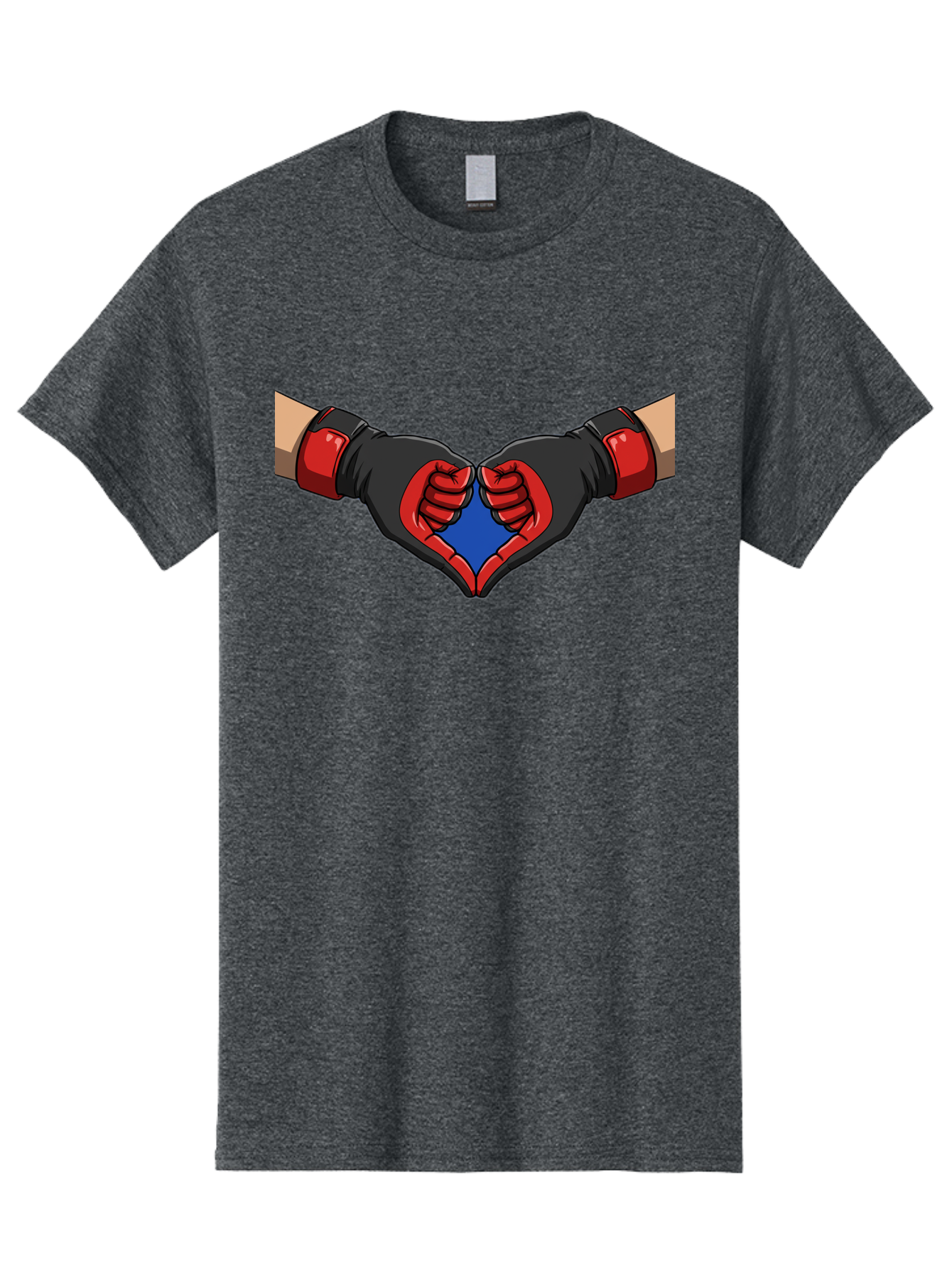 Hands-Forming-Heart-2 Men'S Graphic Tee, 100% Cotton, Comfortable Casual Summer Wear, Machine Washable, Hands Forming A Heart Shape, Black And Red Boxing Gloves, Blue Heart Center, Cartoon Illustration, Hand Gesture, Symbolic Heart Shape, Bac023 2