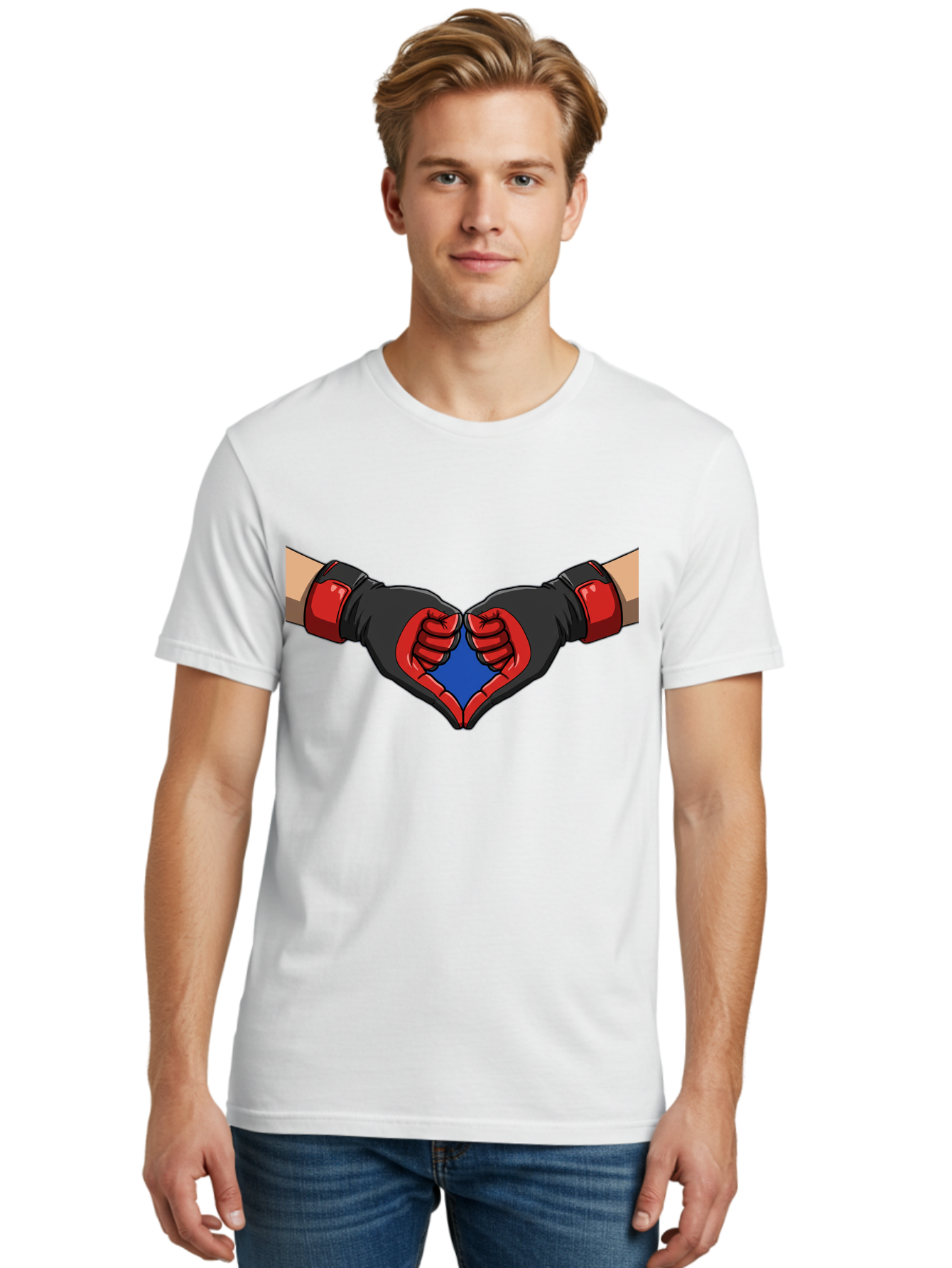 Hands-Forming-Heart-2 Men'S Graphic Tee, 100% Cotton, Comfortable Casual Summer Wear, Machine Washable, Hands Forming A Heart Shape, Black And Red Boxing Gloves, Blue Heart Center, Cartoon Illustration, Hand Gesture, Symbolic Heart Shape, Bac023 29