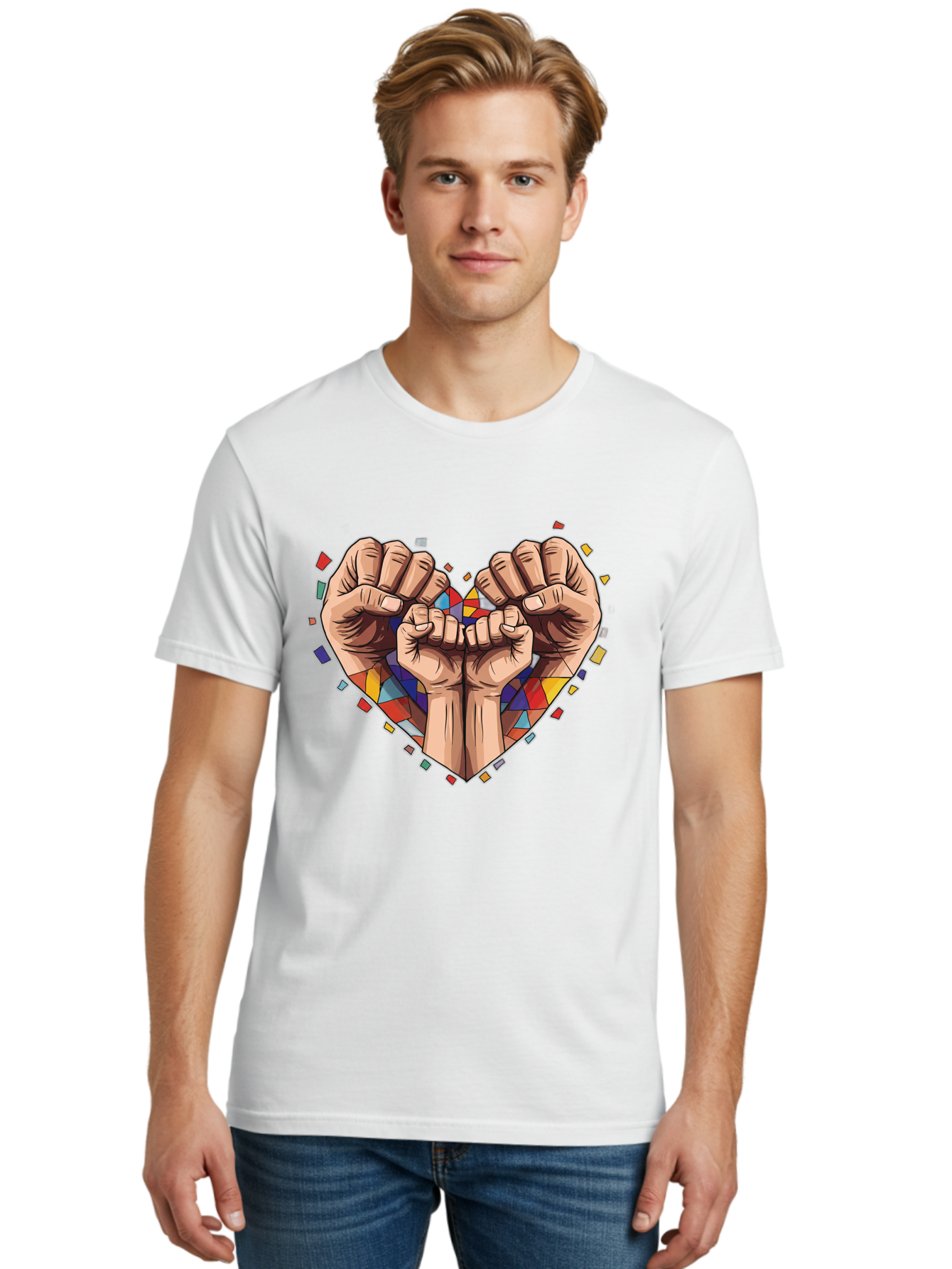 Hands-Forming-Heart-4 Men'S Graphic Tee, 100% Cotton, Comfortable Casual Summer Wear, Machine Washable, Hands Forming Heart Shape, Mosaic Heart, Multi-Colored Tiles, Vibrant Colors, Unity Symbol, Togetherness, Love, Solidarity, Empowerment Bac025 16