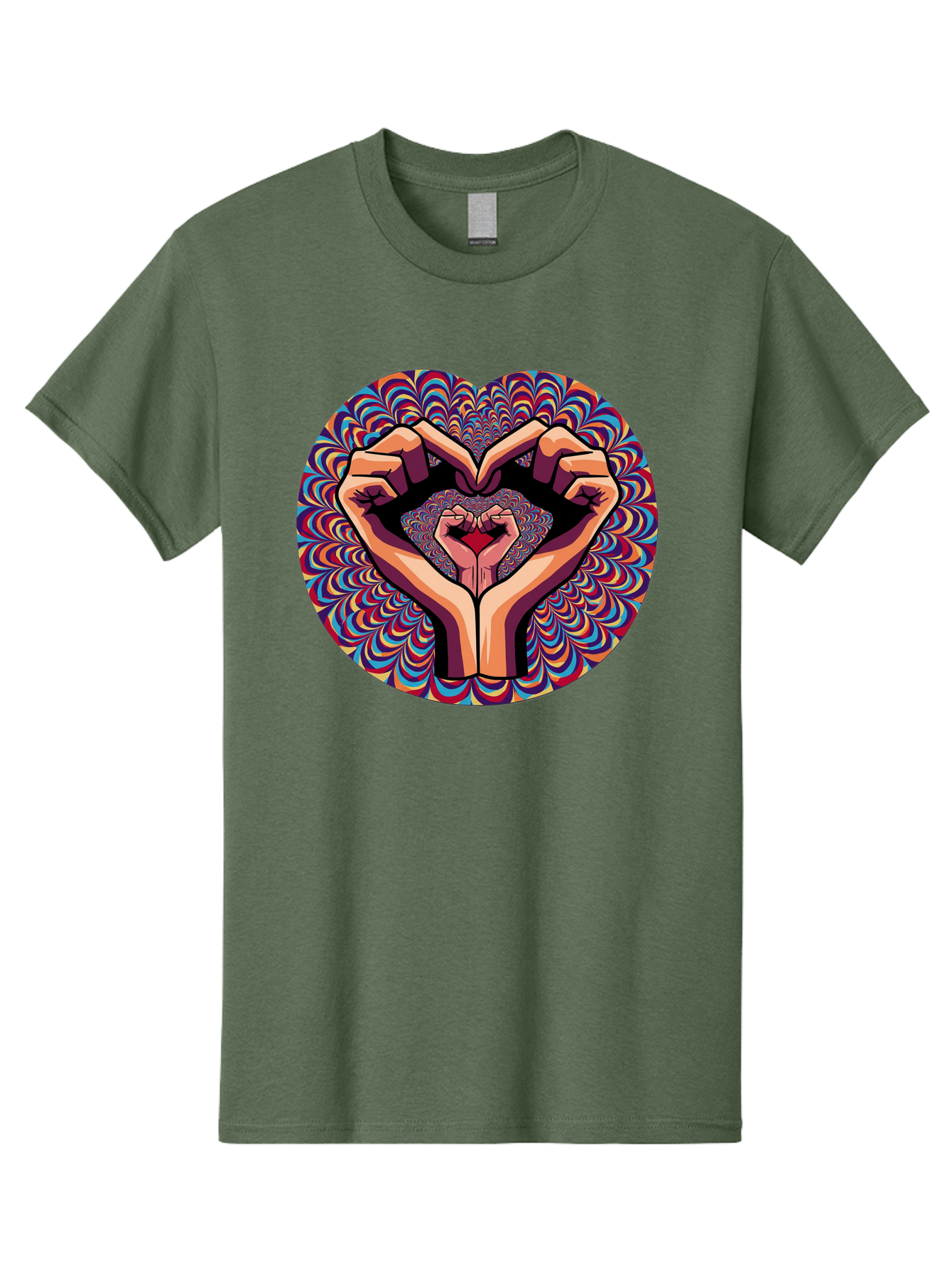 Hands-Forming-Heart-5 Men'S Graphic Tee, 100% Cotton, Comfortable Casual Summer Wear, Machine Washable, Hands Forming A Heart Shape, Psychedelic Art, Rainbow Colors, Vibrant Patterns, Love Symbol, Hand Gesture, Artistic Expression, Bac026 13