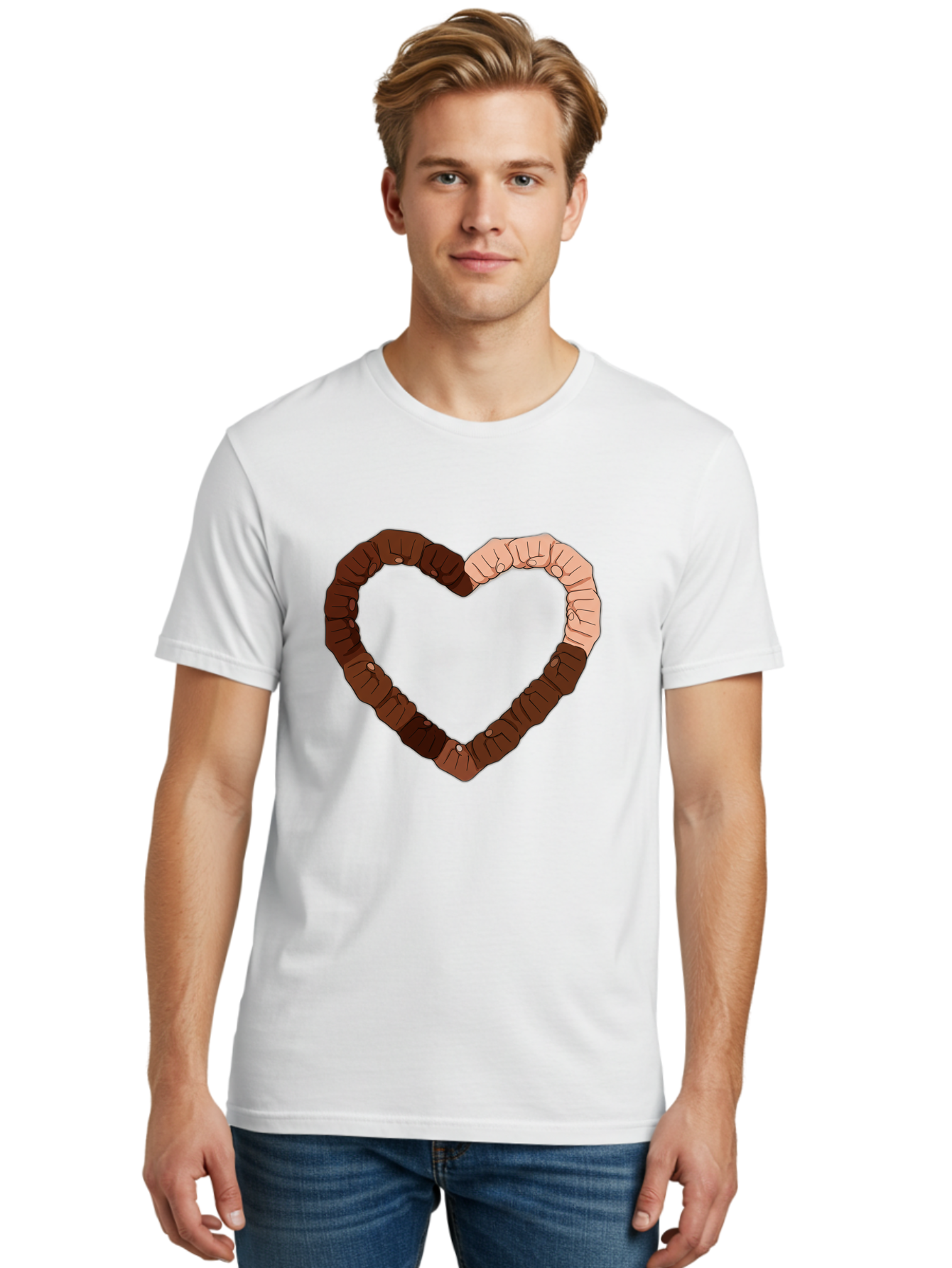 Hands-Forming-Heart Men'S Graphic Tee, 100% Cotton, Comfortable Casual Summer Wear, Machine Washable, Diverse Hands Forming Heart, Unity And Love Symbol, Multicultural Unity, Solidarity, Togetherness, Hand Holding Illustration, Bac027 27