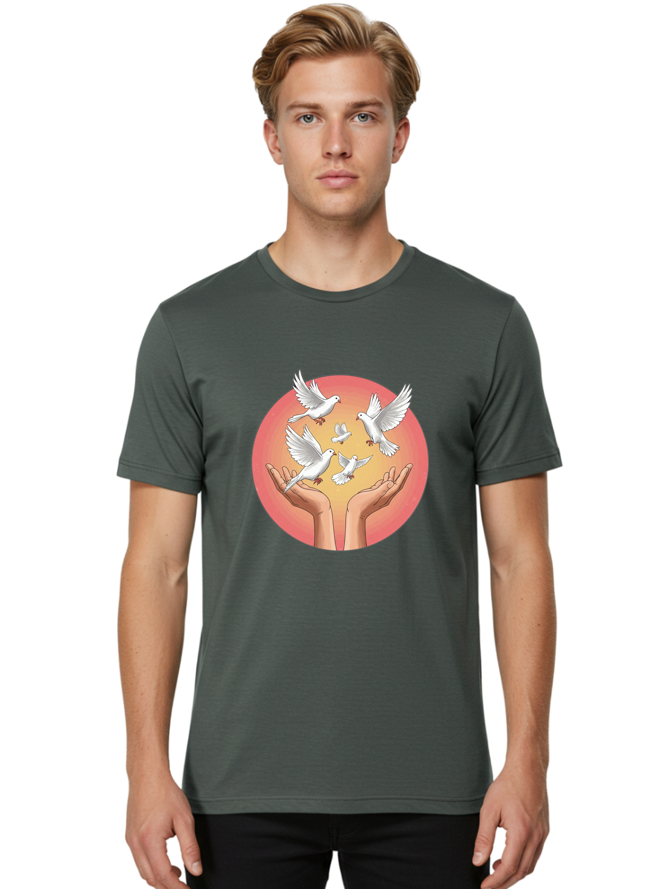 Hands-Releasing-Doves Men'S Graphic Tee, 100% Cotton, Comfortable Casual Summer Wear, Machine Washable, Doves Flying Away, Hands Releasing Birds, White Doves, Peaceful Release, Liberation, Freedom, Gentle Hands, Peaceful Atmosphere, Bac030 24