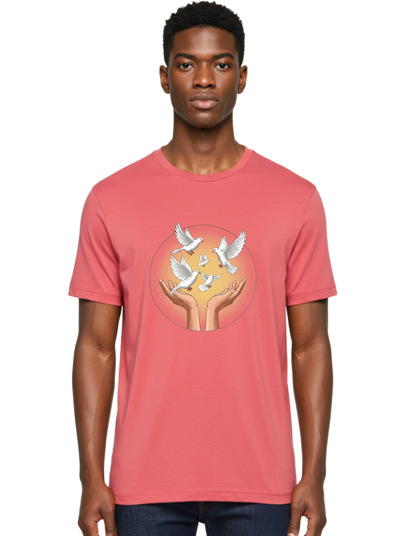 Hands-Releasing-Doves Men'S Graphic Tee, 100% Cotton, Comfortable Casual Summer Wear, Machine Washable, Doves Flying Away, Hands Releasing Birds, White Doves, Peaceful Release, Liberation, Freedom, Gentle Hands, Peaceful Atmosphere, Bac030 18