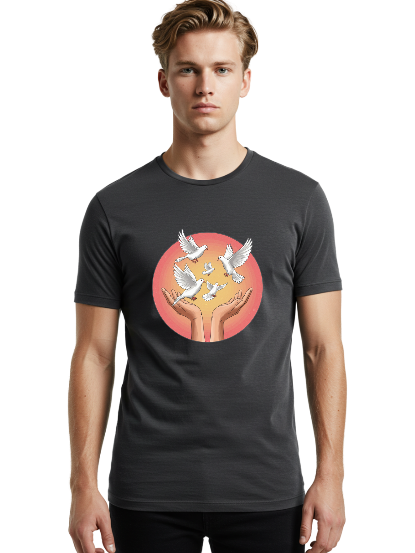 Hands-Releasing-Doves Men'S Graphic Tee, 100% Cotton, Comfortable Casual Summer Wear, Machine Washable, Doves Flying Away, Hands Releasing Birds, White Doves, Peaceful Release, Liberation, Freedom, Gentle Hands, Peaceful Atmosphere, Bac030 19