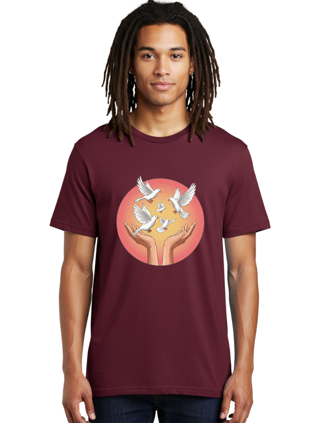 Hands-Releasing-Doves Men'S Graphic Tee, 100% Cotton, Comfortable Casual Summer Wear, Machine Washable, Doves Flying Away, Hands Releasing Birds, White Doves, Peaceful Release, Liberation, Freedom, Gentle Hands, Peaceful Atmosphere, Bac030 25