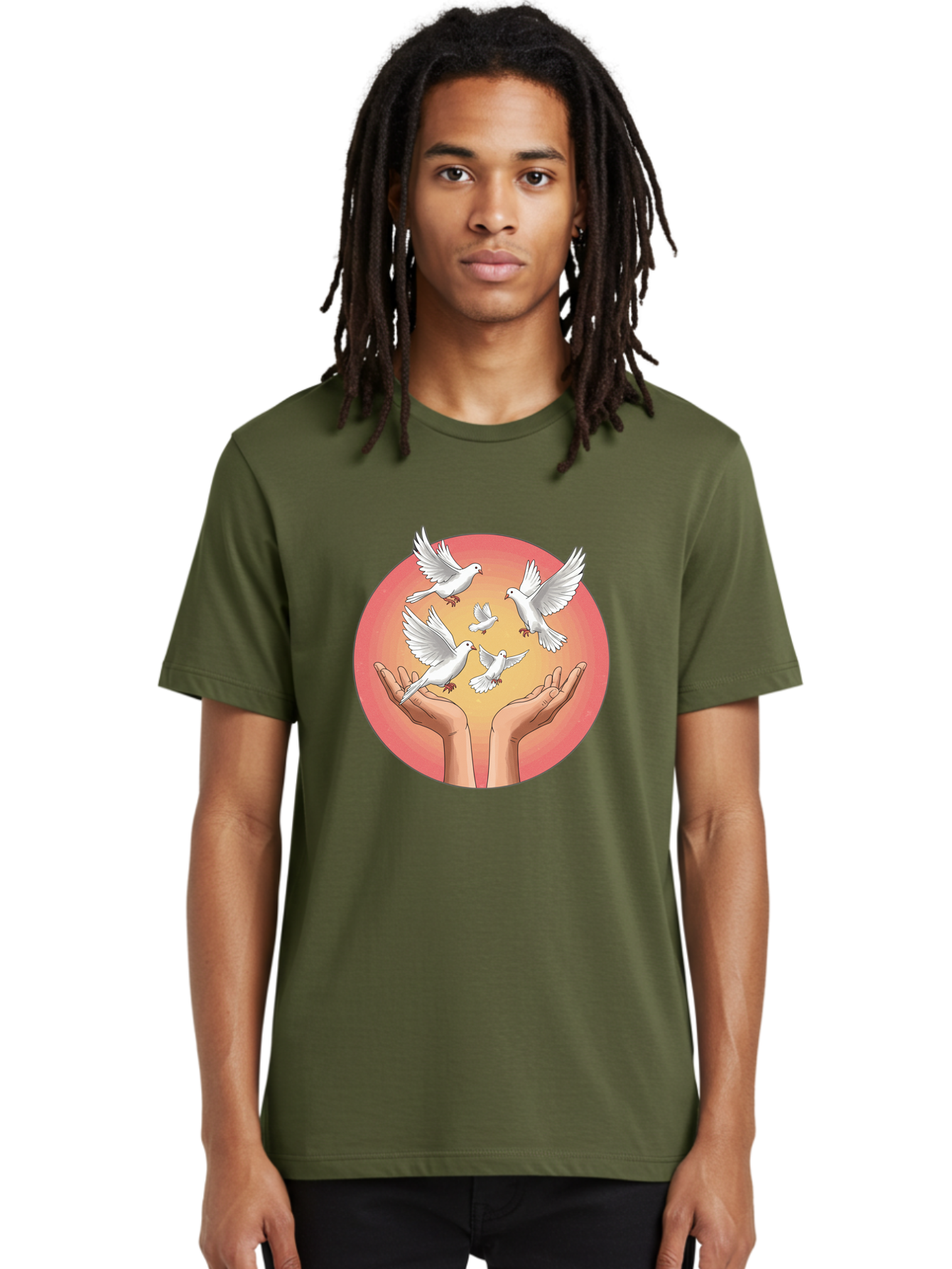 Hands-Releasing-Doves Men'S Graphic Tee, 100% Cotton, Comfortable Casual Summer Wear, Machine Washable, Doves Flying Away, Hands Releasing Birds, White Doves, Peaceful Release, Liberation, Freedom, Gentle Hands, Peaceful Atmosphere, Bac030 22