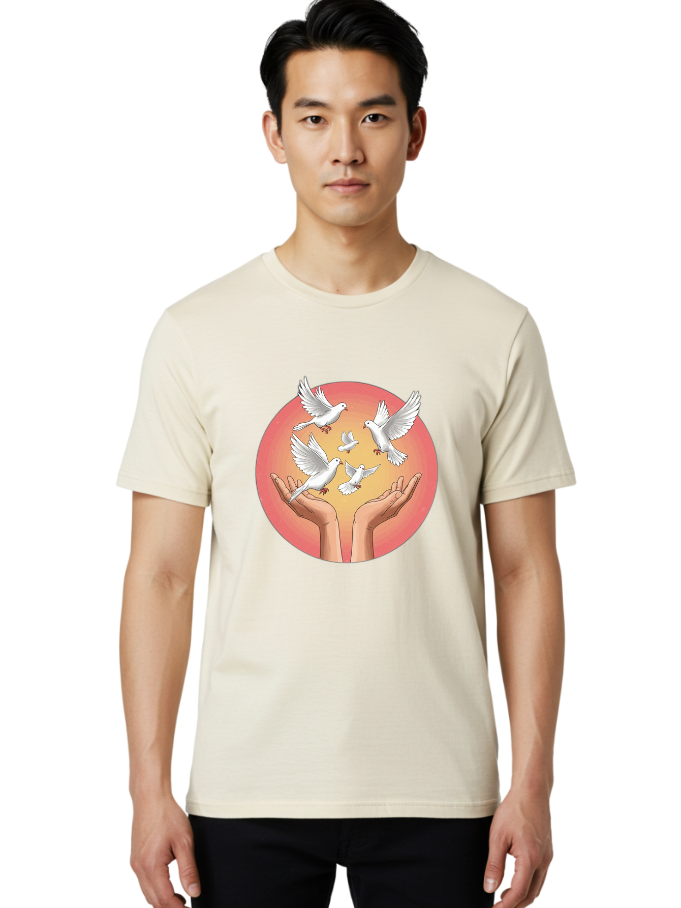 Hands-Releasing-Doves Men'S Graphic Tee, 100% Cotton, Comfortable Casual Summer Wear, Machine Washable, Doves Flying Away, Hands Releasing Birds, White Doves, Peaceful Release, Liberation, Freedom, Gentle Hands, Peaceful Atmosphere, Bac030 23