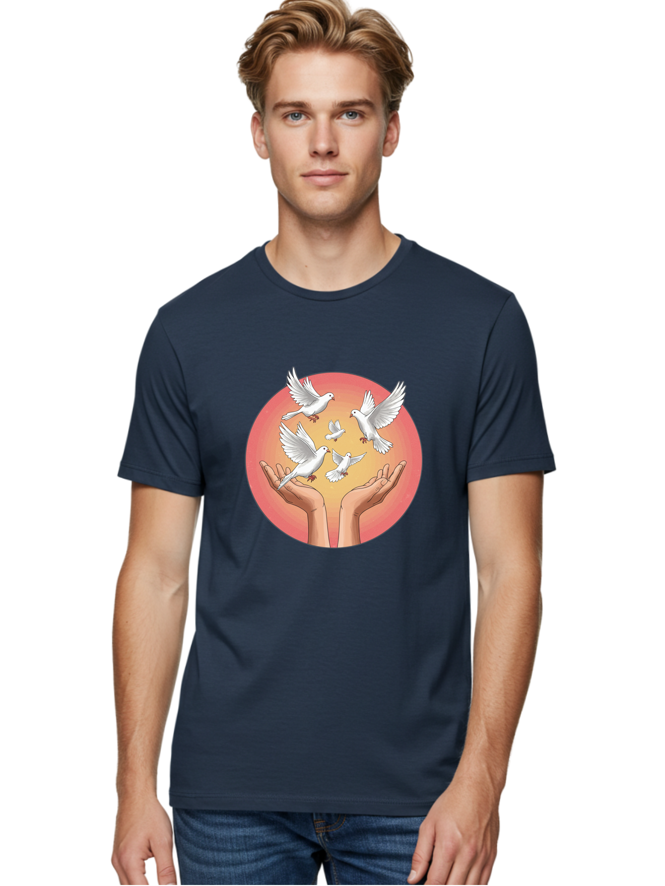 Hands-Releasing-Doves Men'S Graphic Tee, 100% Cotton, Comfortable Casual Summer Wear, Machine Washable, Doves Flying Away, Hands Releasing Birds, White Doves, Peaceful Release, Liberation, Freedom, Gentle Hands, Peaceful Atmosphere, Bac030 20