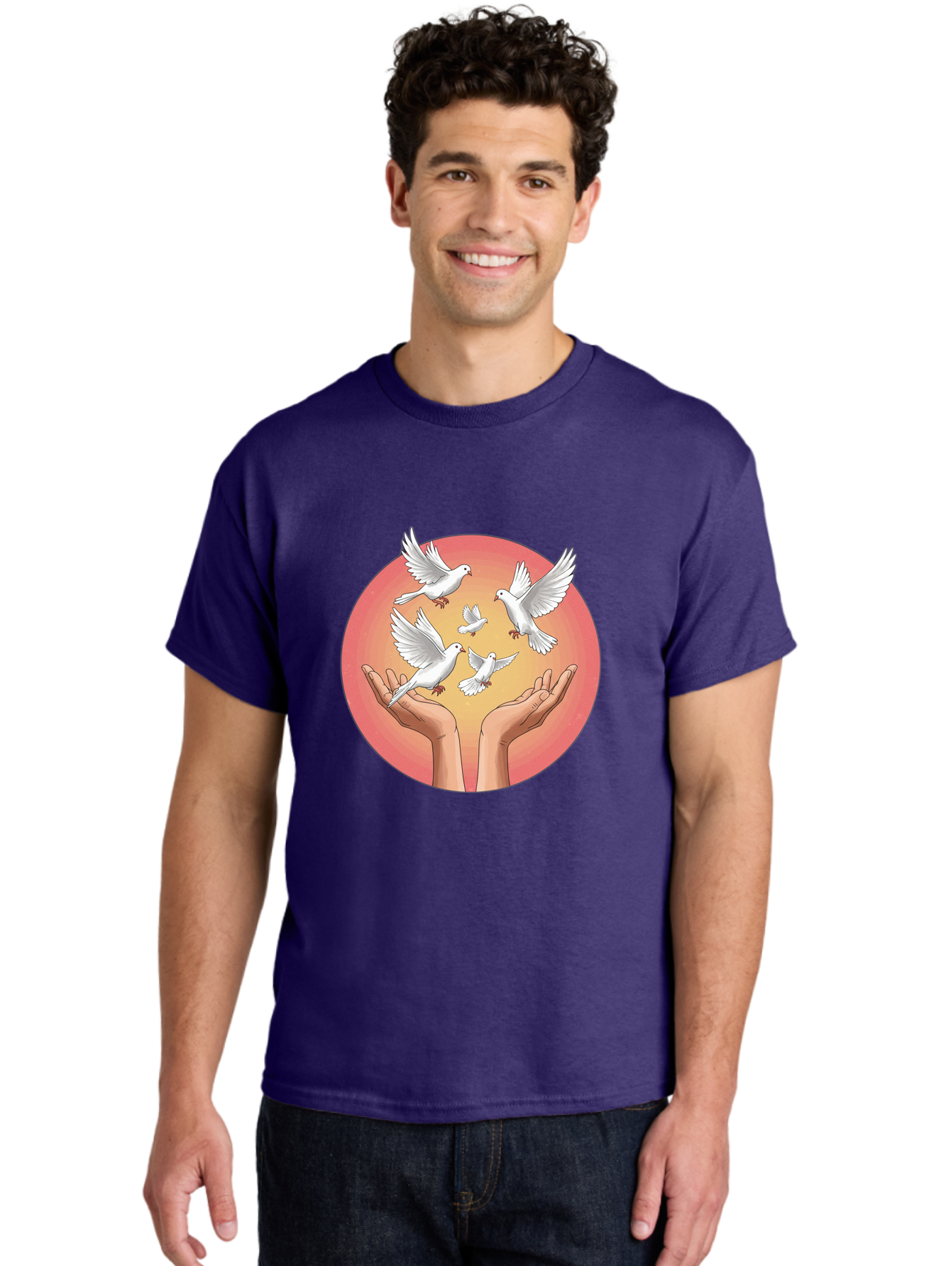 Hands-Releasing-Doves Men'S Graphic Tee, 100% Cotton, Comfortable Casual Summer Wear, Machine Washable, Doves Flying Away, Hands Releasing Birds, White Doves, Peaceful Release, Liberation, Freedom, Gentle Hands, Peaceful Atmosphere, Bac030 16
