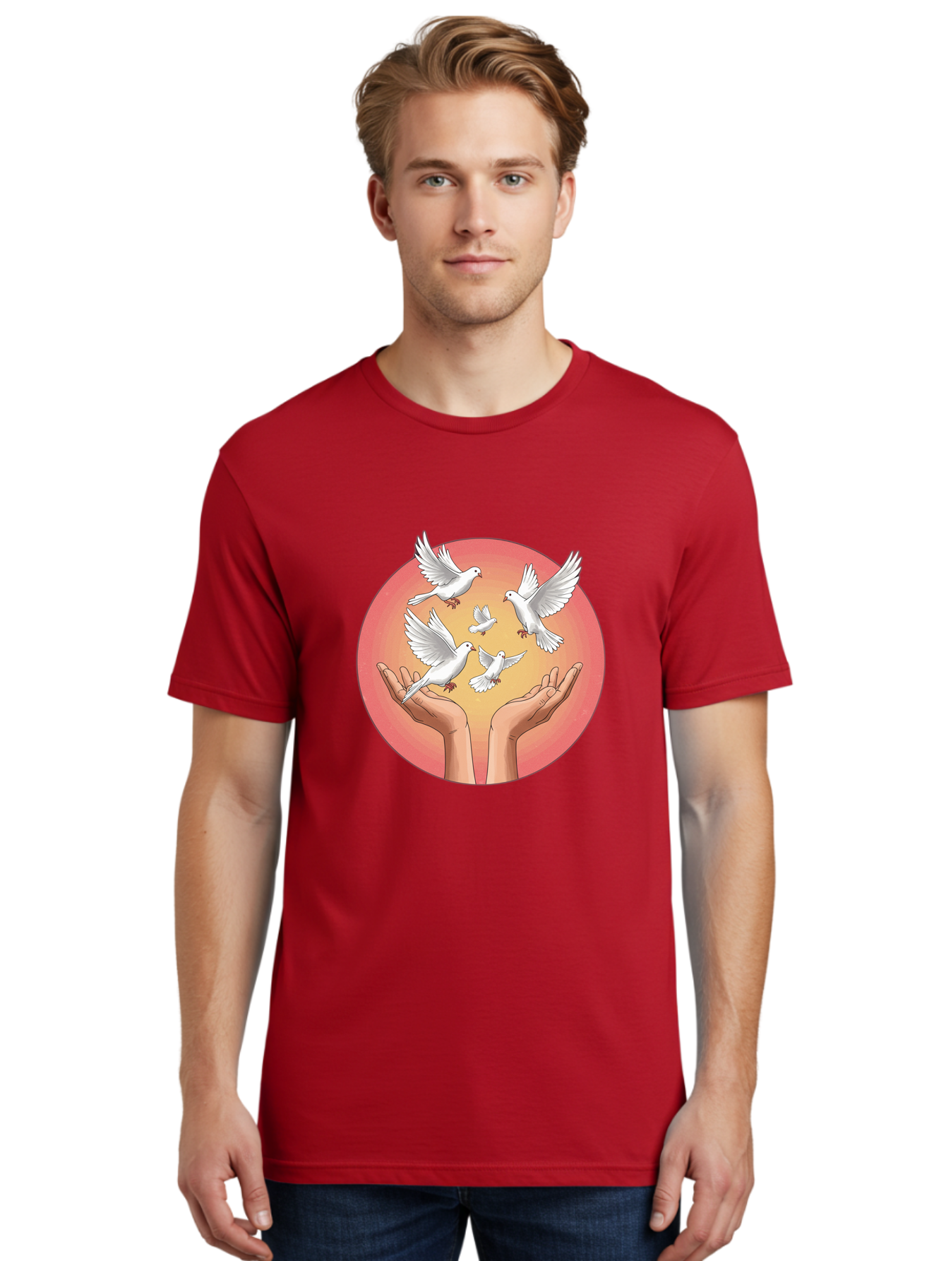 Hands-Releasing-Doves Men'S Graphic Tee, 100% Cotton, Comfortable Casual Summer Wear, Machine Washable, Doves Flying Away, Hands Releasing Birds, White Doves, Peaceful Release, Liberation, Freedom, Gentle Hands, Peaceful Atmosphere, Bac030 21
