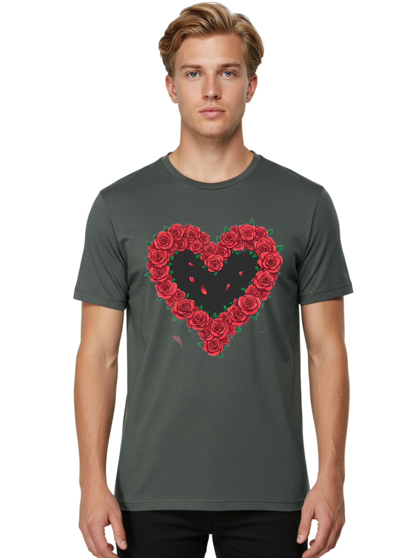 Heart-Of-Roses Men'S Graphic Tee, 100% Cotton, Comfortable Casual Summer Wear, Machine Washable, Heart Shape, Red Roses, Floral Arrangement, Love Symbol, Romance, Valentine'S Day, Beautiful Flowers, Rose Petals Bac034 17