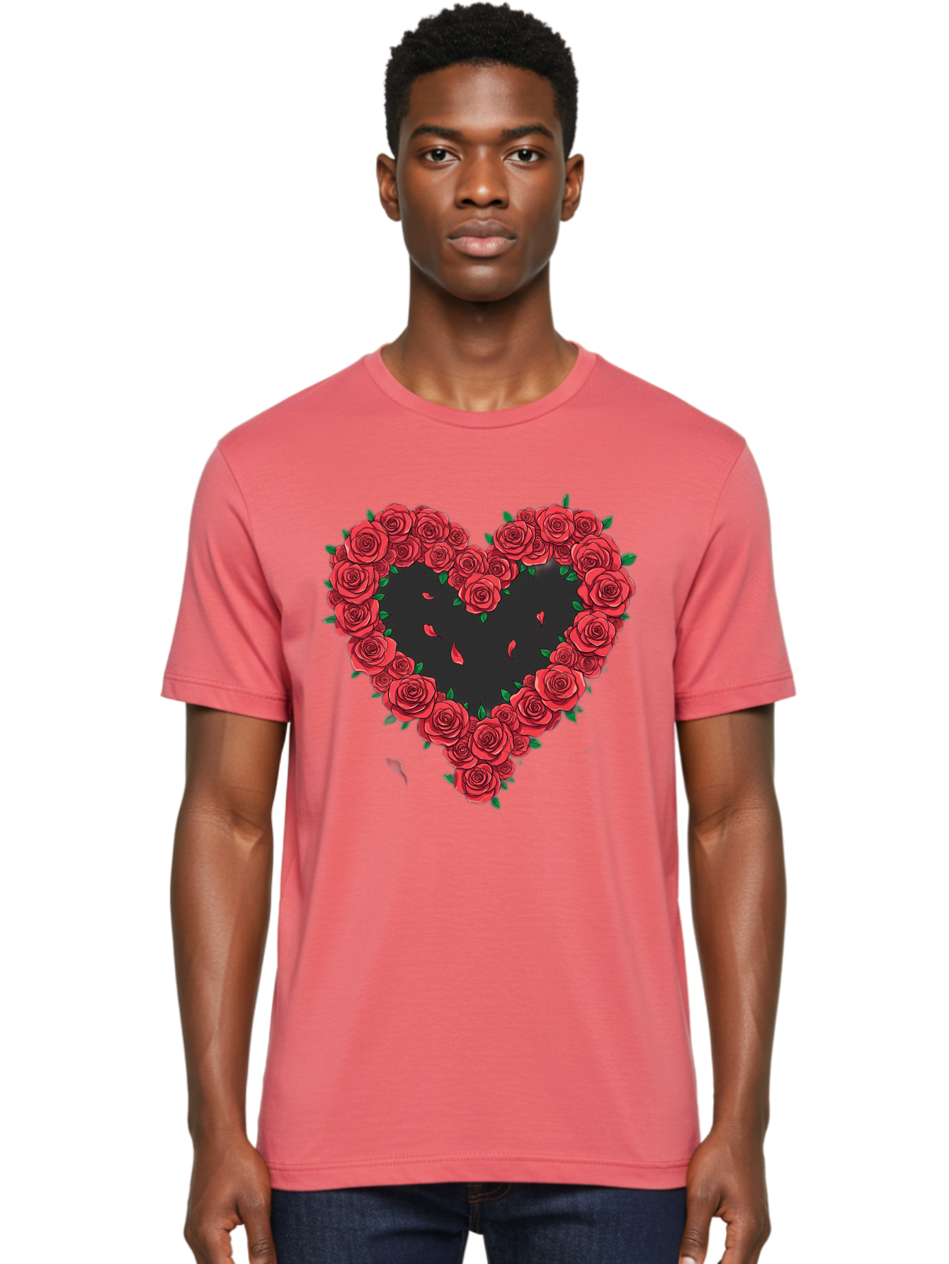 Heart-Of-Roses Men'S Graphic Tee, 100% Cotton, Comfortable Casual Summer Wear, Machine Washable, Heart Shape, Red Roses, Floral Arrangement, Love Symbol, Romance, Valentine'S Day, Beautiful Flowers, Rose Petals Bac034 16