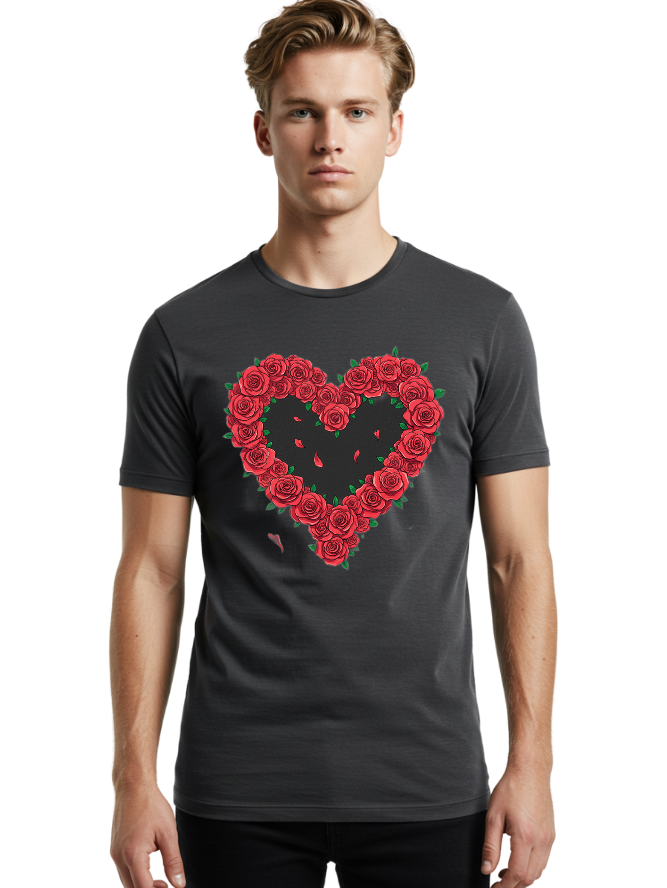 Heart-Of-Roses Men'S Graphic Tee, 100% Cotton, Comfortable Casual Summer Wear, Machine Washable, Heart Shape, Red Roses, Floral Arrangement, Love Symbol, Romance, Valentine'S Day, Beautiful Flowers, Rose Petals Bac034 21
