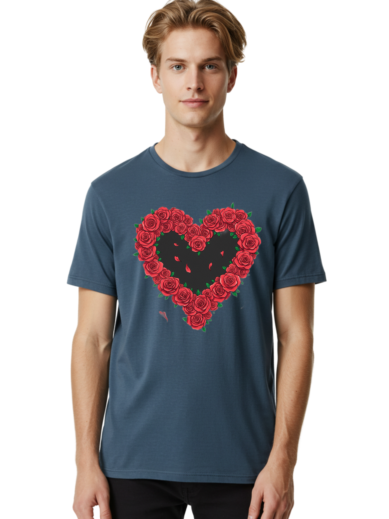 Heart-Of-Roses Men'S Graphic Tee, 100% Cotton, Comfortable Casual Summer Wear, Machine Washable, Heart Shape, Red Roses, Floral Arrangement, Love Symbol, Romance, Valentine'S Day, Beautiful Flowers, Rose Petals Bac034 25